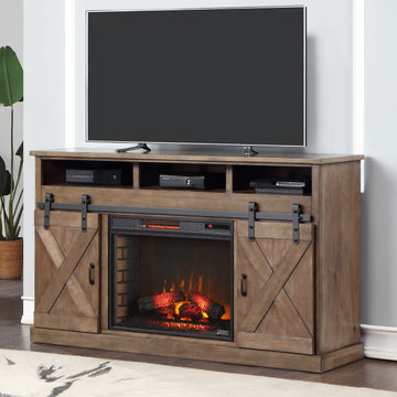 Farmhouse 66 Inch Electric Fireplace Tv Stand For Tvs Up To 80 Inches, Minimal Assembly, Barnwood Finish Electric Brown Primary Living Space Alder Yes Insert Electric Up To 40 No Brown 400 Vent Free Farmhouse,Lodge,Rustic Wood
