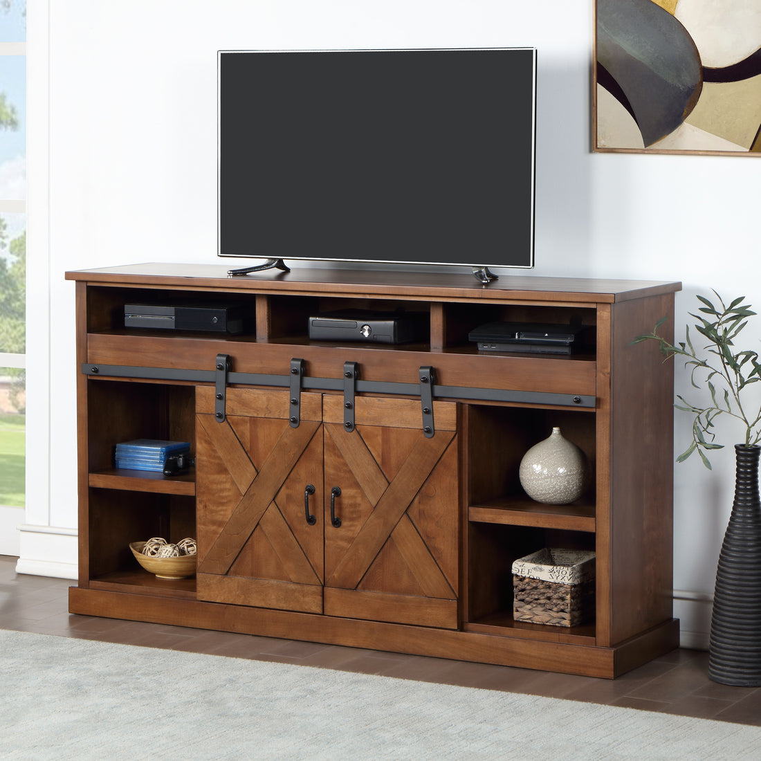 Farmhouse 66 Inch Electric Fireplace Tv Stand For Tvs Up To 80 Inches, Minimal Assembly, Aged Whiskey Finish Electric Brown Primary Living Space Alder Yes Insert Electric Up To 40 No Brown 400 Vent Free Farmhouse,Lodge,Rustic Wood