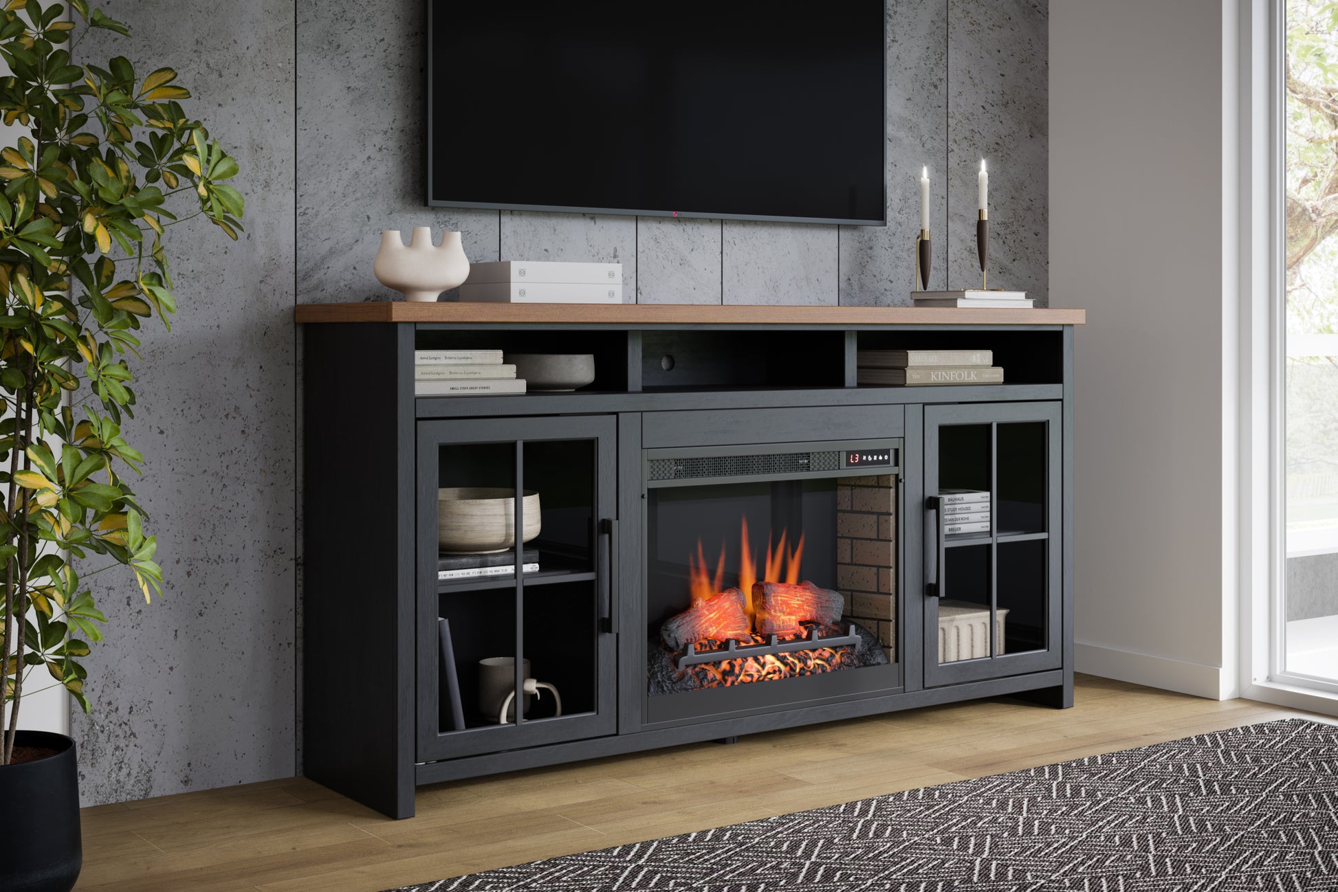 Essex 74 Inch Fireplace Tv Stand Console For Tvs Up To 85 Inches, Minimal Assembly, Black And Whiskey Finish Up To 40 Electric No Black 400 Vent Free Primary Living Space Coastal,Farmhouse Poplar Yes Insert Wood Electric