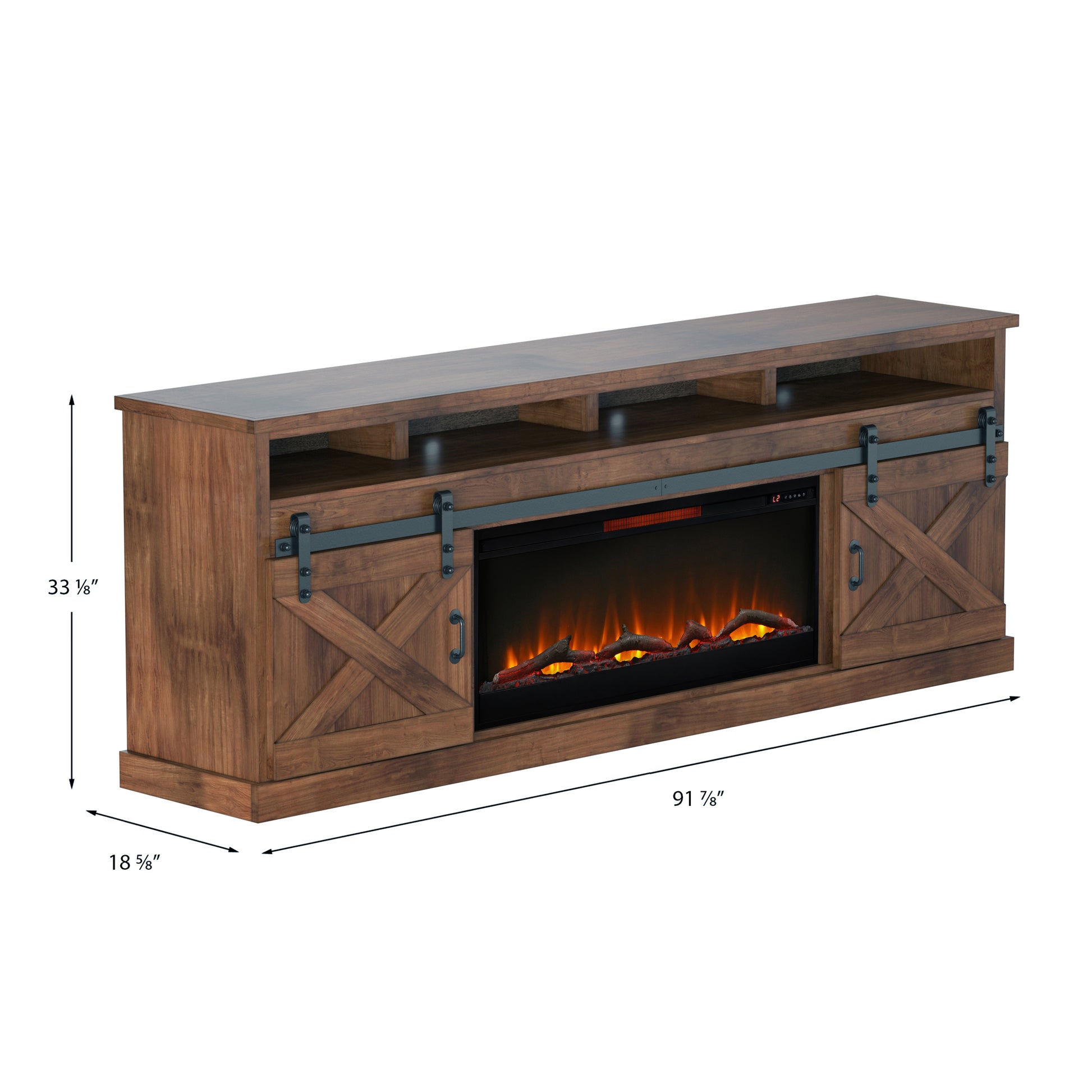 Farmhouse 93 Inch Electric Fireplace Tv Stand For Tvs Up To 100 Inches, Minimal Assembly, Aged Whiskey Finish Electric Brown Primary Living Space Alder Yes Insert Electric 41 50 Yes Brown 400 Vent Free Farmhouse,Lodge,Rustic Wood