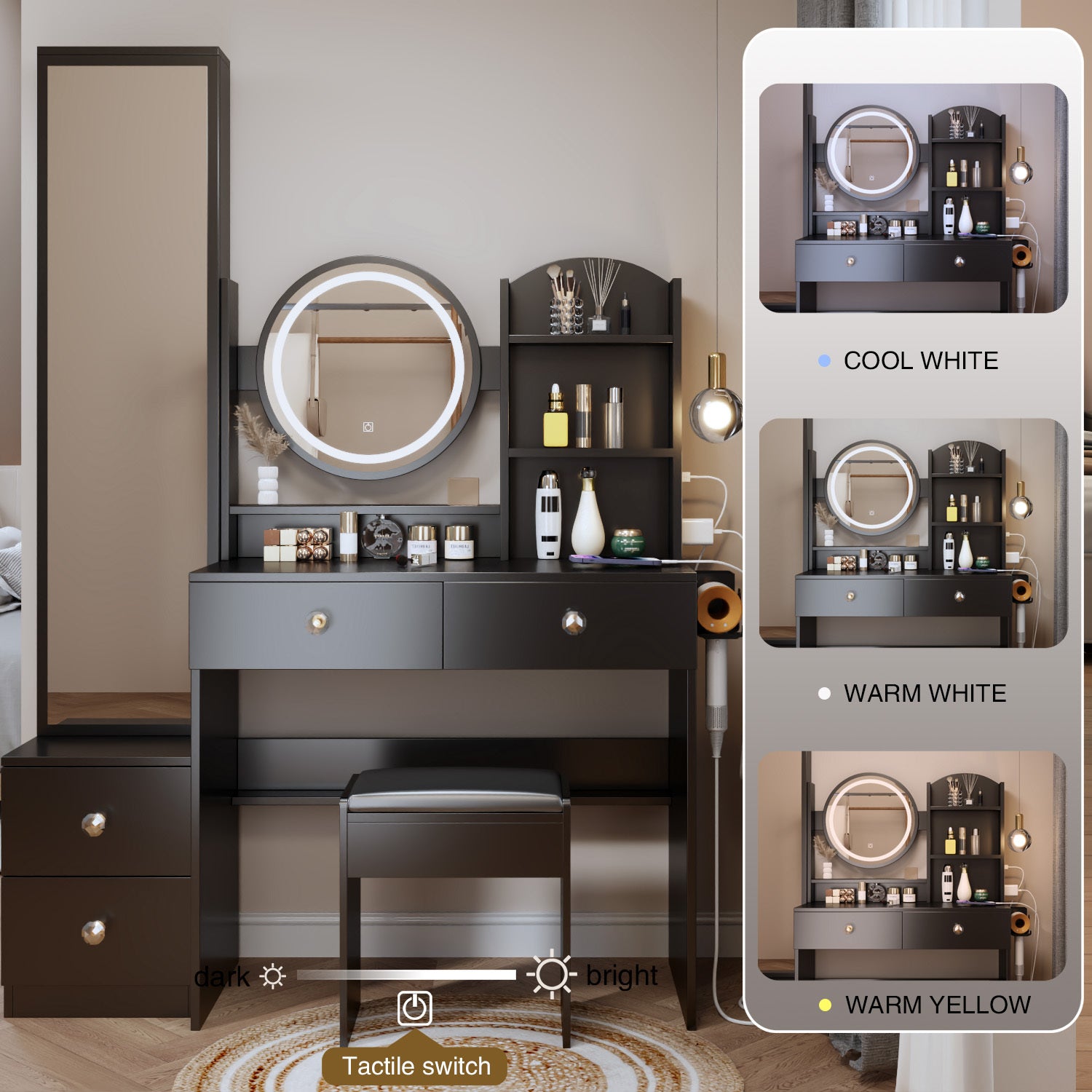 Full Body Mirror Cabinet Round Mirror Led Vanity Table Cushioned Stool, With 2 Ac 2 Usb Power Station,17" Diameter Led Mirror, Touch Control, 3 Color, Brightness Adjustable, Large Desktop Black Mdf