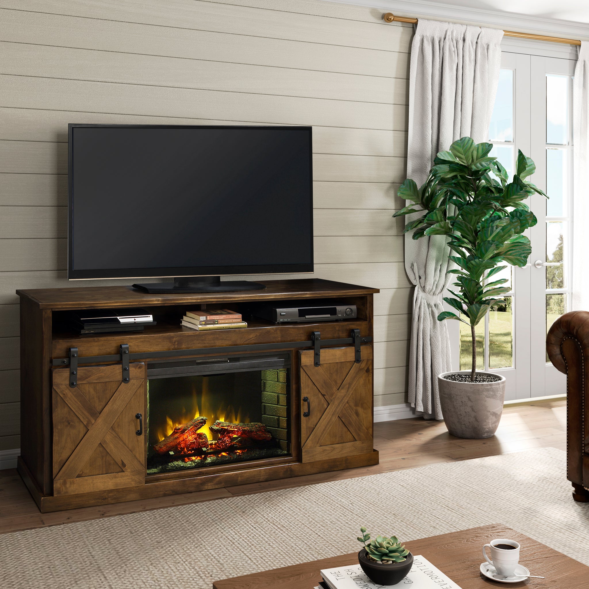 Farmhouse 66 Inch Electric Fireplace Tv Stand For Tvs Up To 80 Inches, Minimal Assembly, Aged Whiskey Finish Electric Brown Primary Living Space Alder Yes Insert Electric Up To 40 No Brown 400 Vent Free Farmhouse,Lodge,Rustic Wood