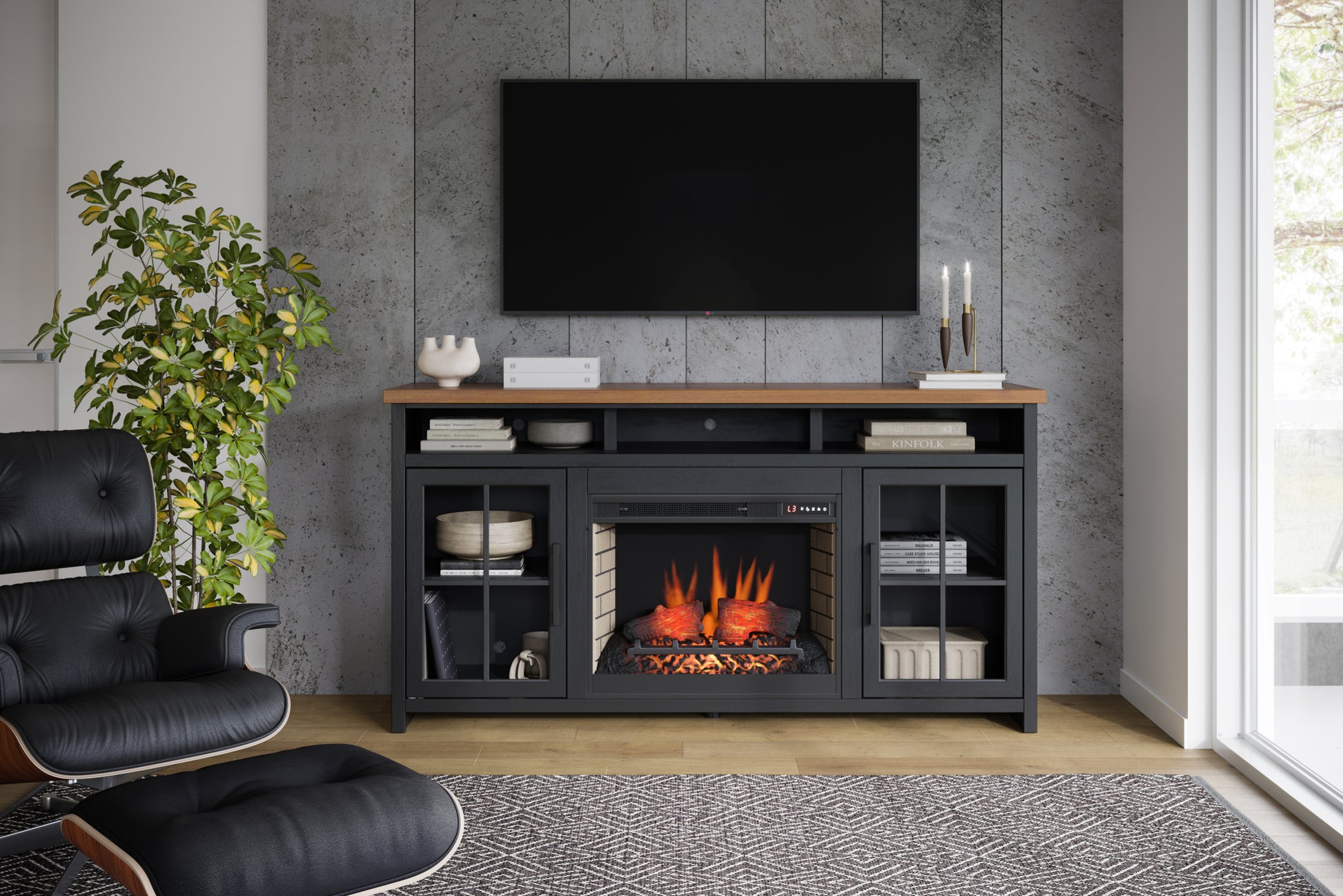 Essex 74 Inch Fireplace Tv Stand Console For Tvs Up To 85 Inches, Minimal Assembly, Black And Whiskey Finish Up To 40 Electric No Black 400 Vent Free Primary Living Space Coastal,Farmhouse Poplar Yes Insert Wood Electric