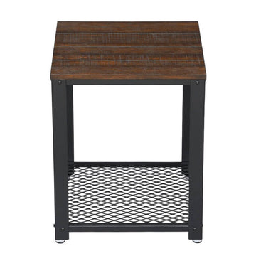 Matt 22 Inch Metal Framed End Side Table, Wood Top, Wire Mesh Open Shelf, Brown, Black Black Brown Wood Metal