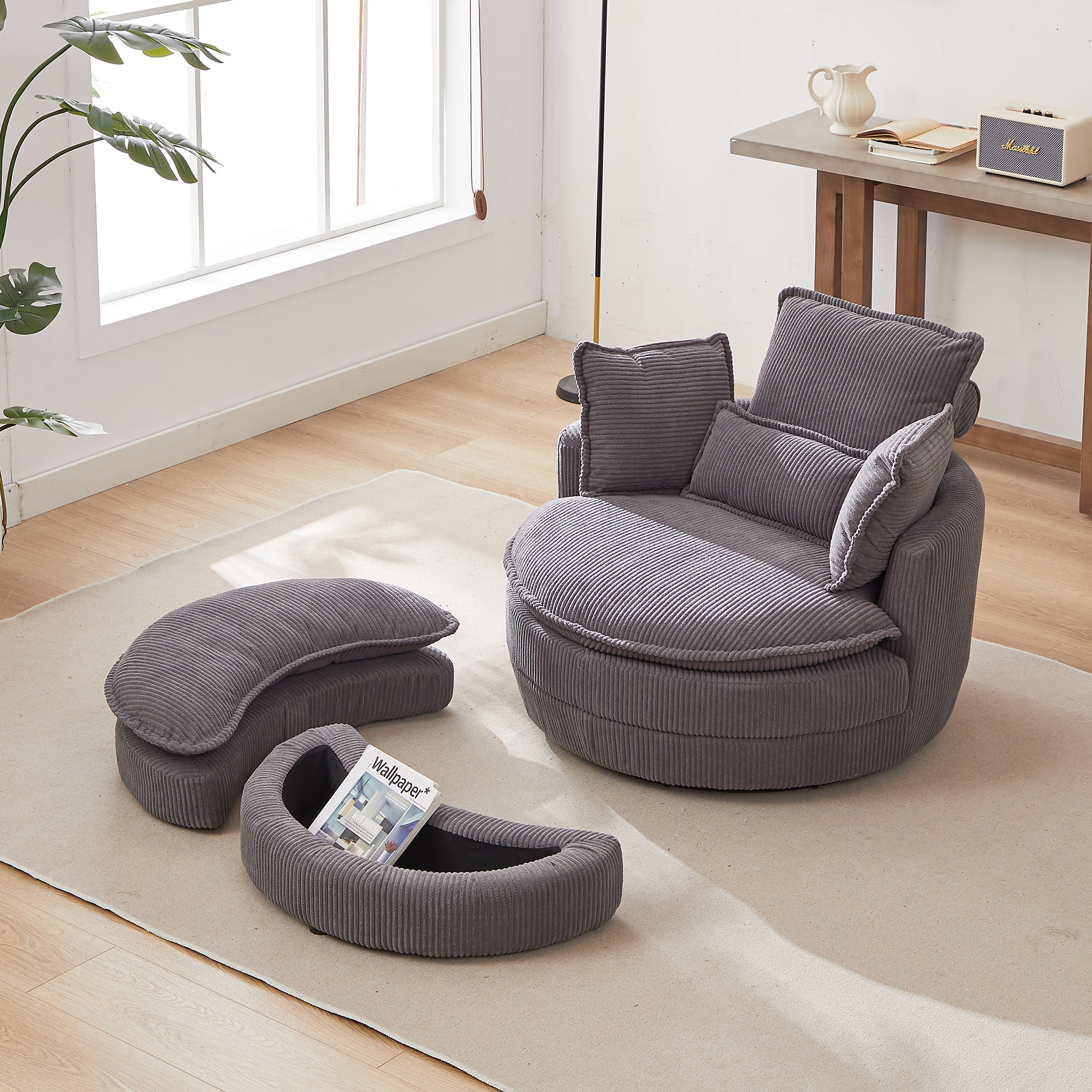 38"W Oversized Swivel Chair With Moon Storage Ottoman For Living Room, Modern Accent Round Loveseat Circle Swivel Barrel Chairs For Bedroom Cuddle Sofa Chair Lounger Armchair, 4 Pillows,Corduroy Grey Foam Corduroy