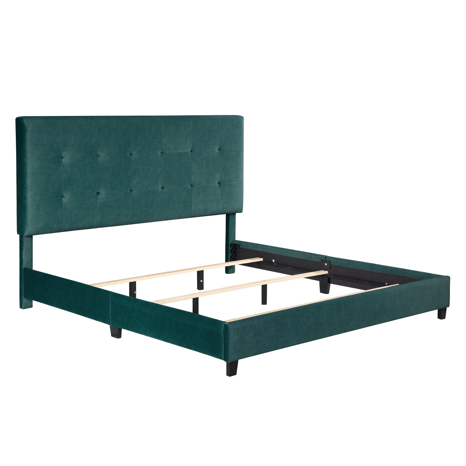 King Size Green Velvet Tufted Upholstered Platform Bed Box Spring Required King Green Wood Bedroom Contemporary,Modern,Transitional Bed Frame Foam Polyester
