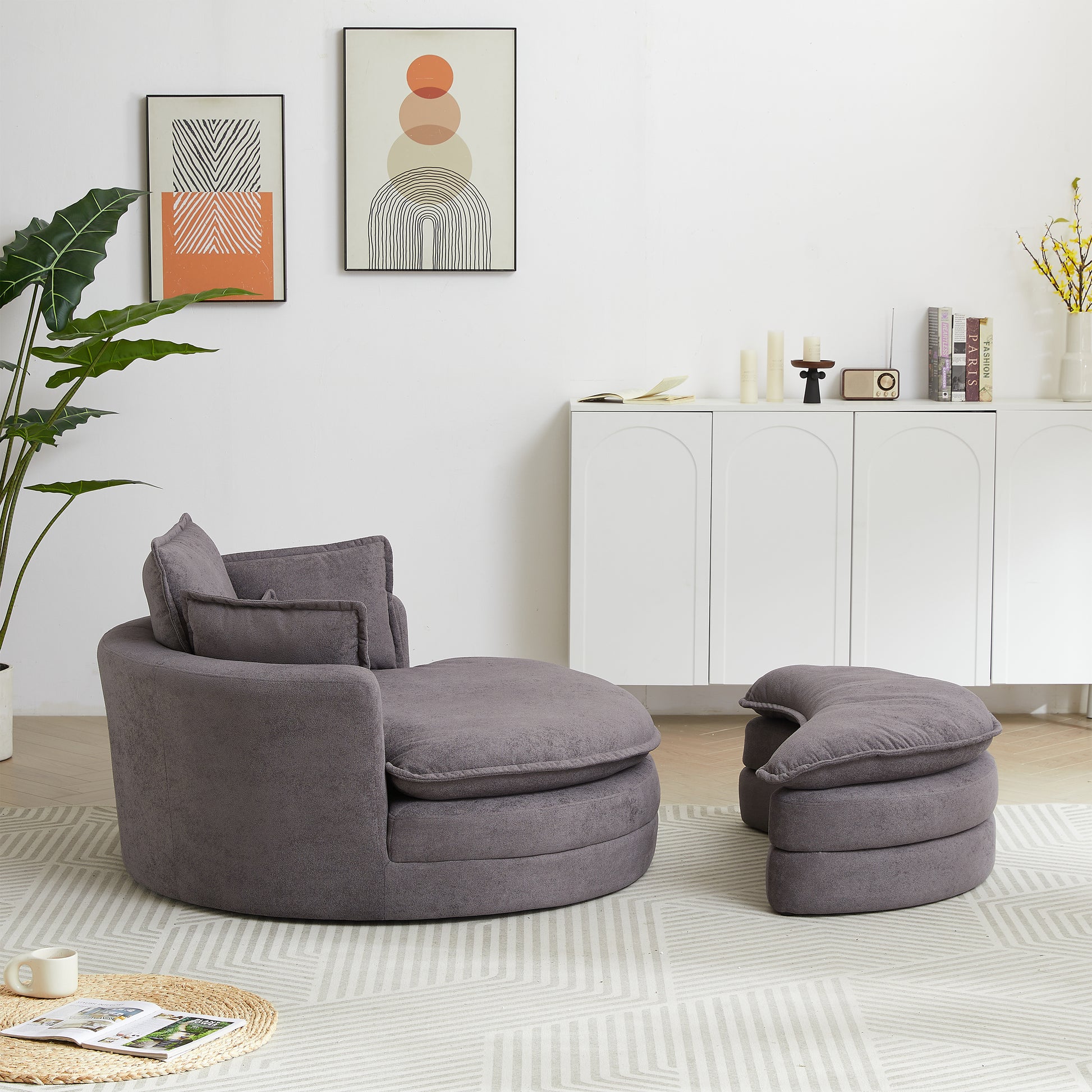 52' Swivel Accent Barrel Modern Grey Sofa Lounge Club Big Round Chair With Storage Ottoman Chenille Fabric For Living Room Hotel With 4 Pillows Grey Foam Chenille