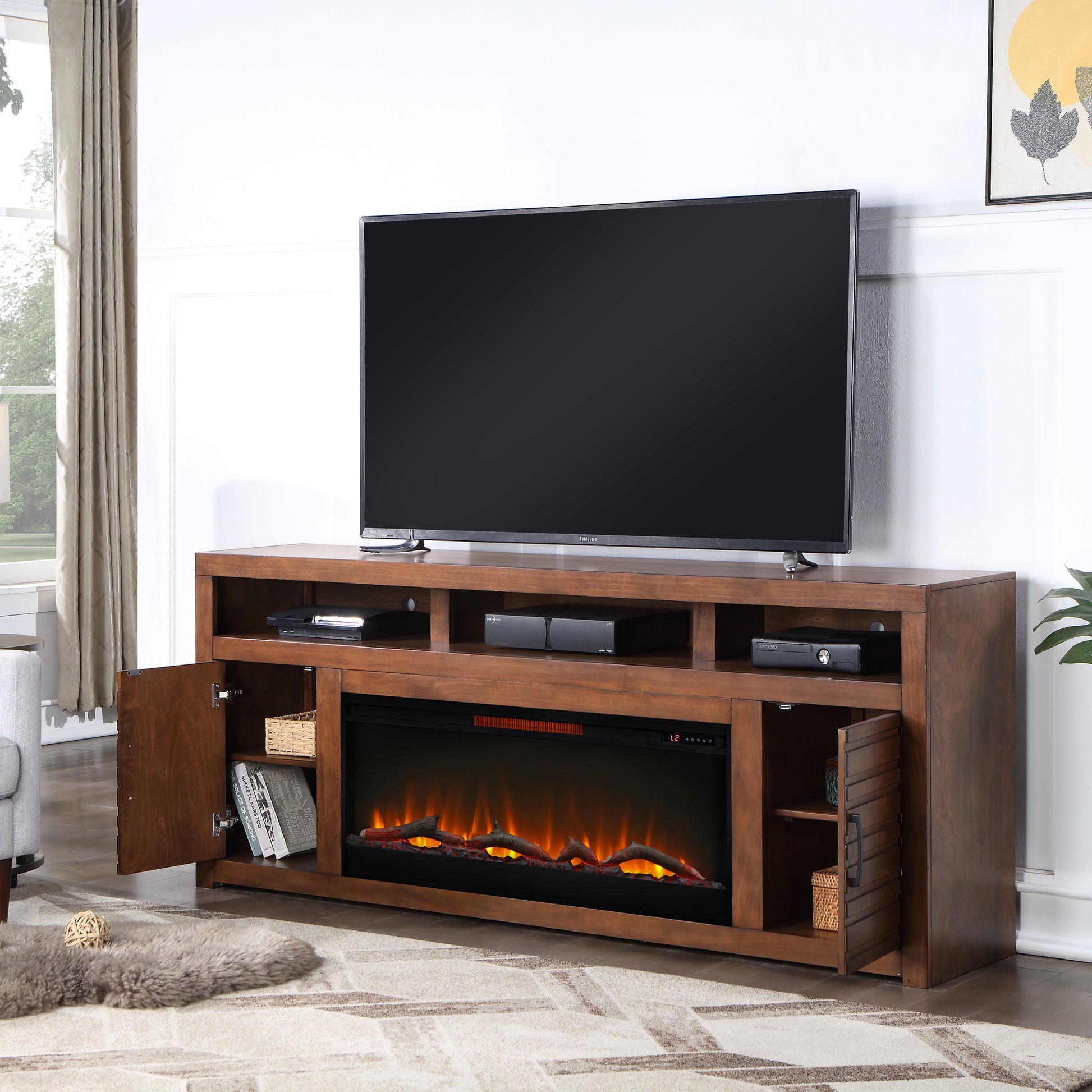 Sausalito 78 Inch Electric Fireplace Tv Stand Console For Tvs Up To 95 Inches, Minimal Assembly, Whiskey Finish Electric Brown Primary Living Space Alder Yes Insert Electric 41 50 No Brown 400 Vent Free Lodge,Modern,Rustic,Transitional Wood