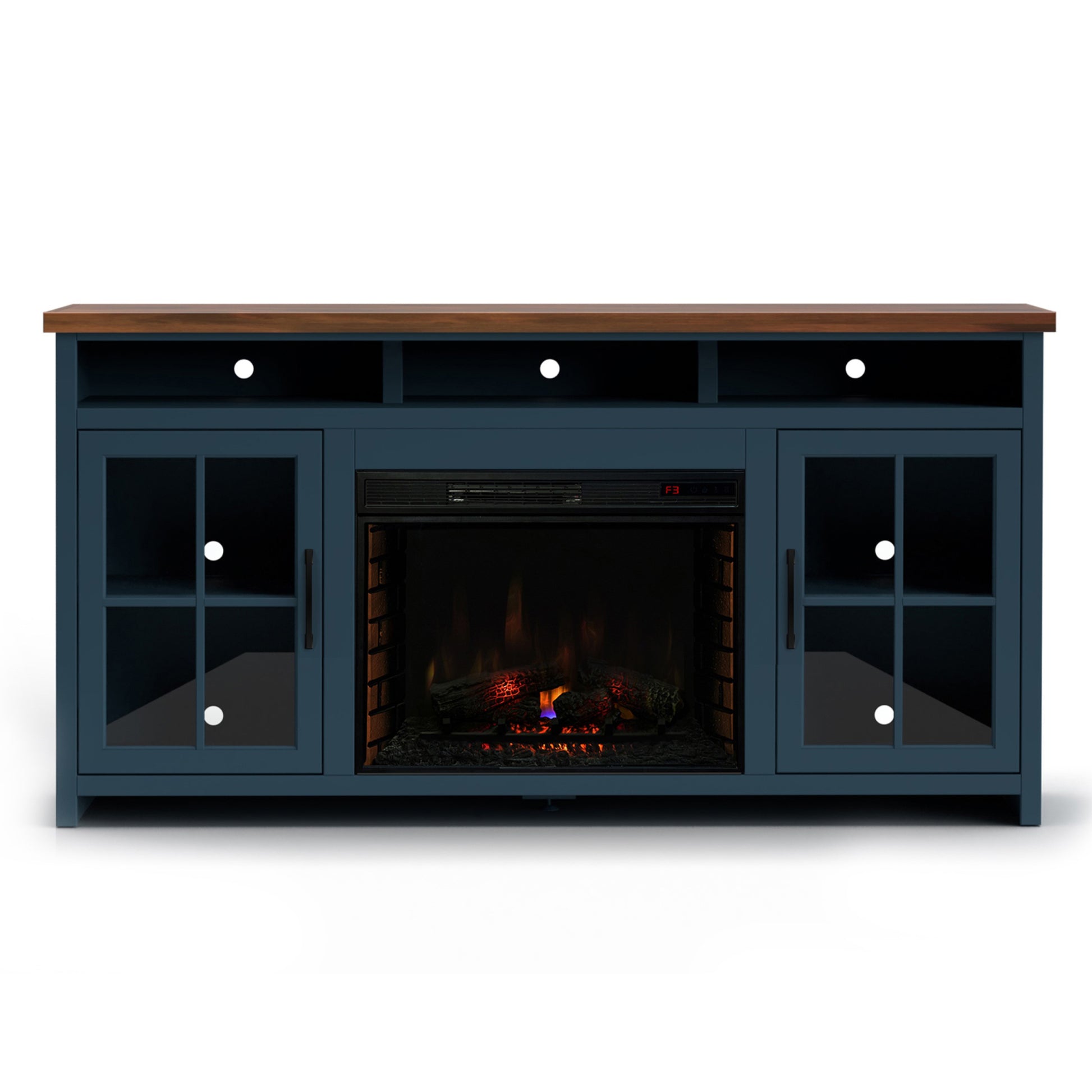Nantucket 74 Inch Fireplace Tv Stand Console For Tvs Up To 85 Inches, Minimal Assembly, Blue Denim And Whiskey Finish Up To 40 Electric No Blue 400 Vent Free Primary Living Space Coastal,Farmhouse Poplar Yes Insert Wood Electric