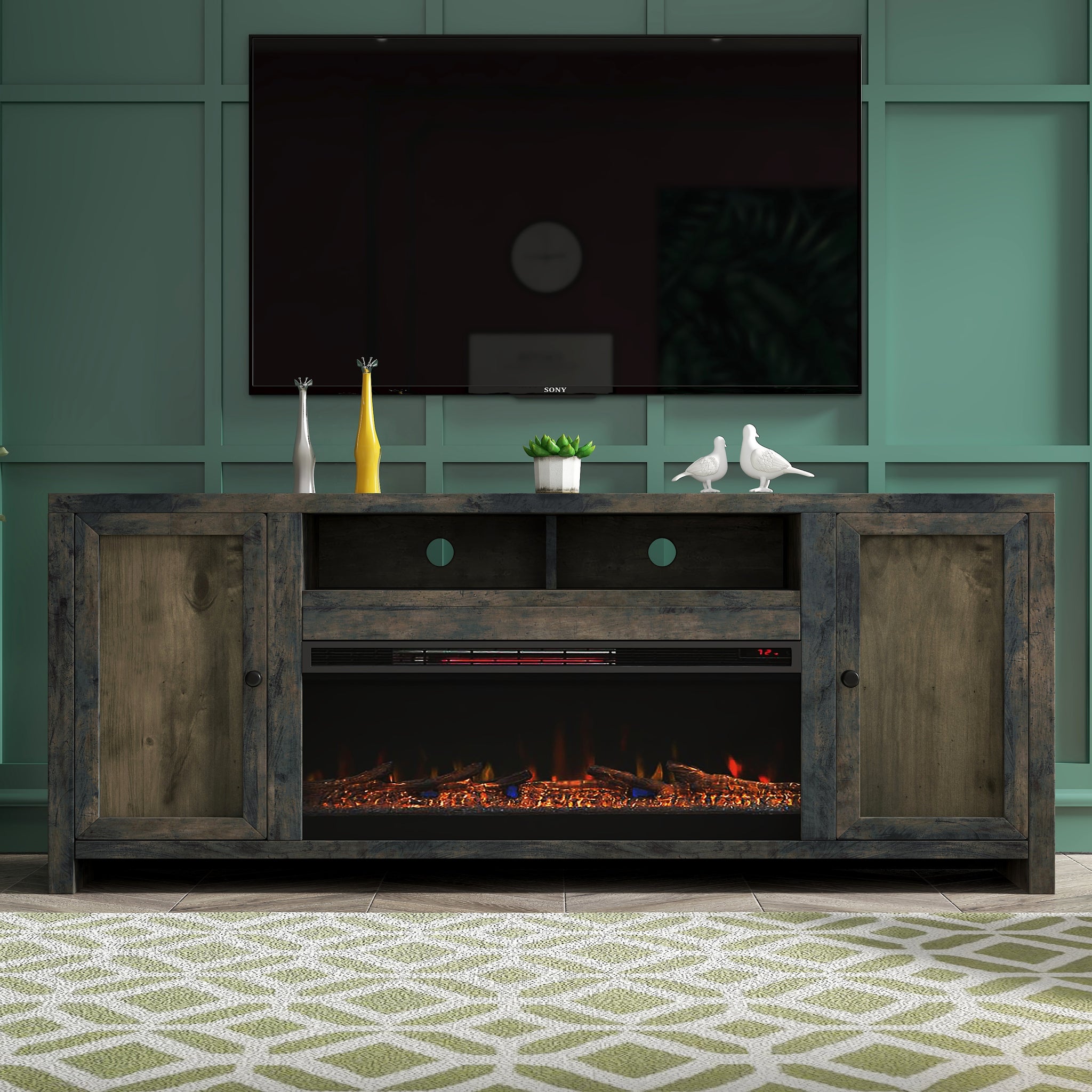 Joshua Creek 83 Inch Electric Fireplace Tv Stand For Tvs Up To 95 Inches, Minimal Assembly, Barnwood Finish Electric Brown Primary Living Space Alder Yes Insert Electric 41 50 No Brown 400 Vent Free