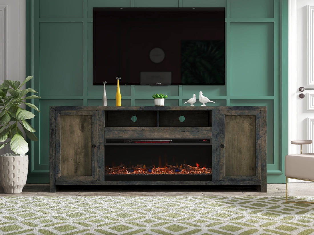 Joshua Creek 83 Inch Electric Fireplace Tv Stand For Tvs Up To 95 Inches, Minimal Assembly, Barnwood Finish Electric Brown Primary Living Space Alder Yes Insert Electric 41 50 No Brown 400 Vent Free