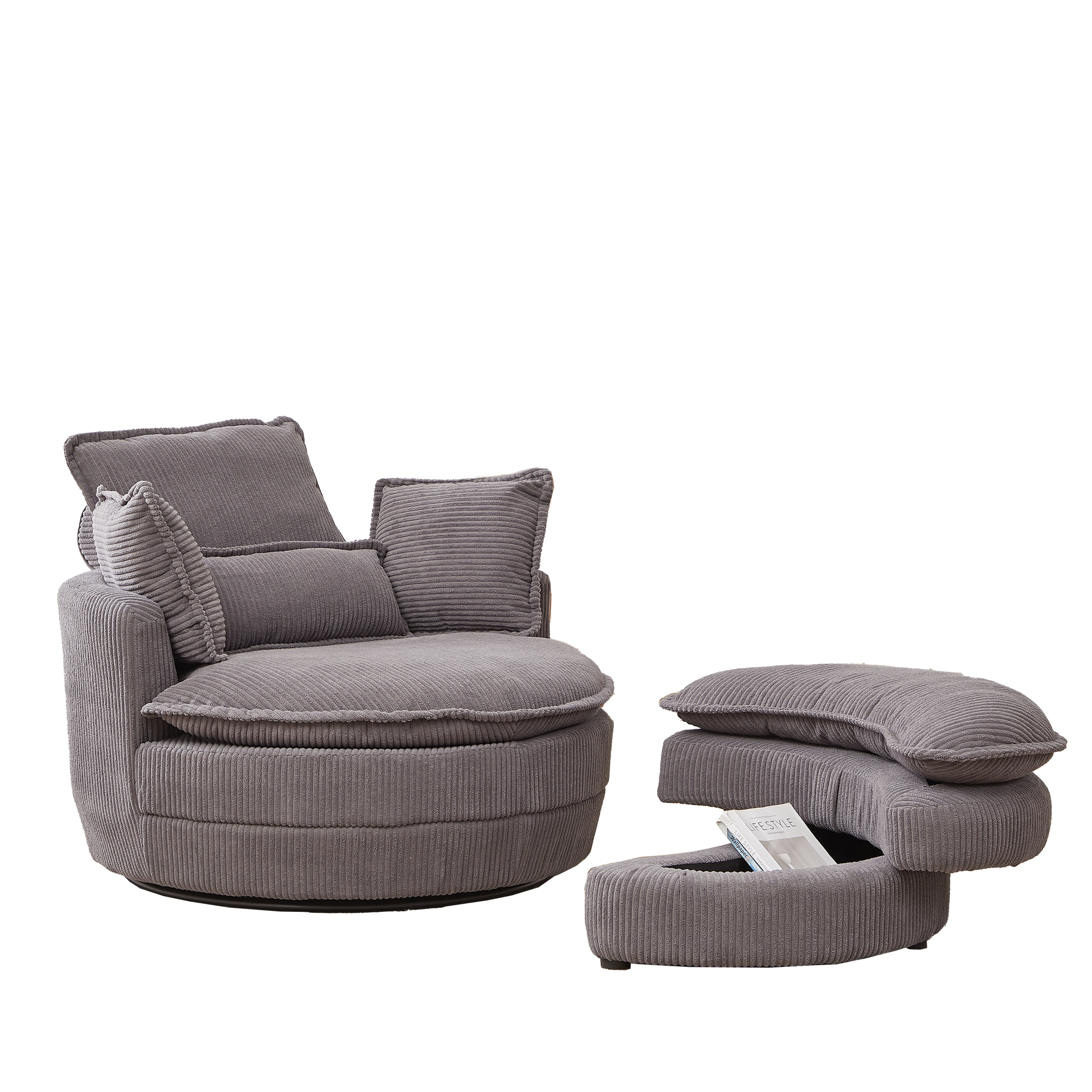 38"W Oversized Swivel Chair With Moon Storage Ottoman For Living Room, Modern Accent Round Loveseat Circle Swivel Barrel Chairs For Bedroom Cuddle Sofa Chair Lounger Armchair, 4 Pillows,Corduroy Grey Foam Corduroy