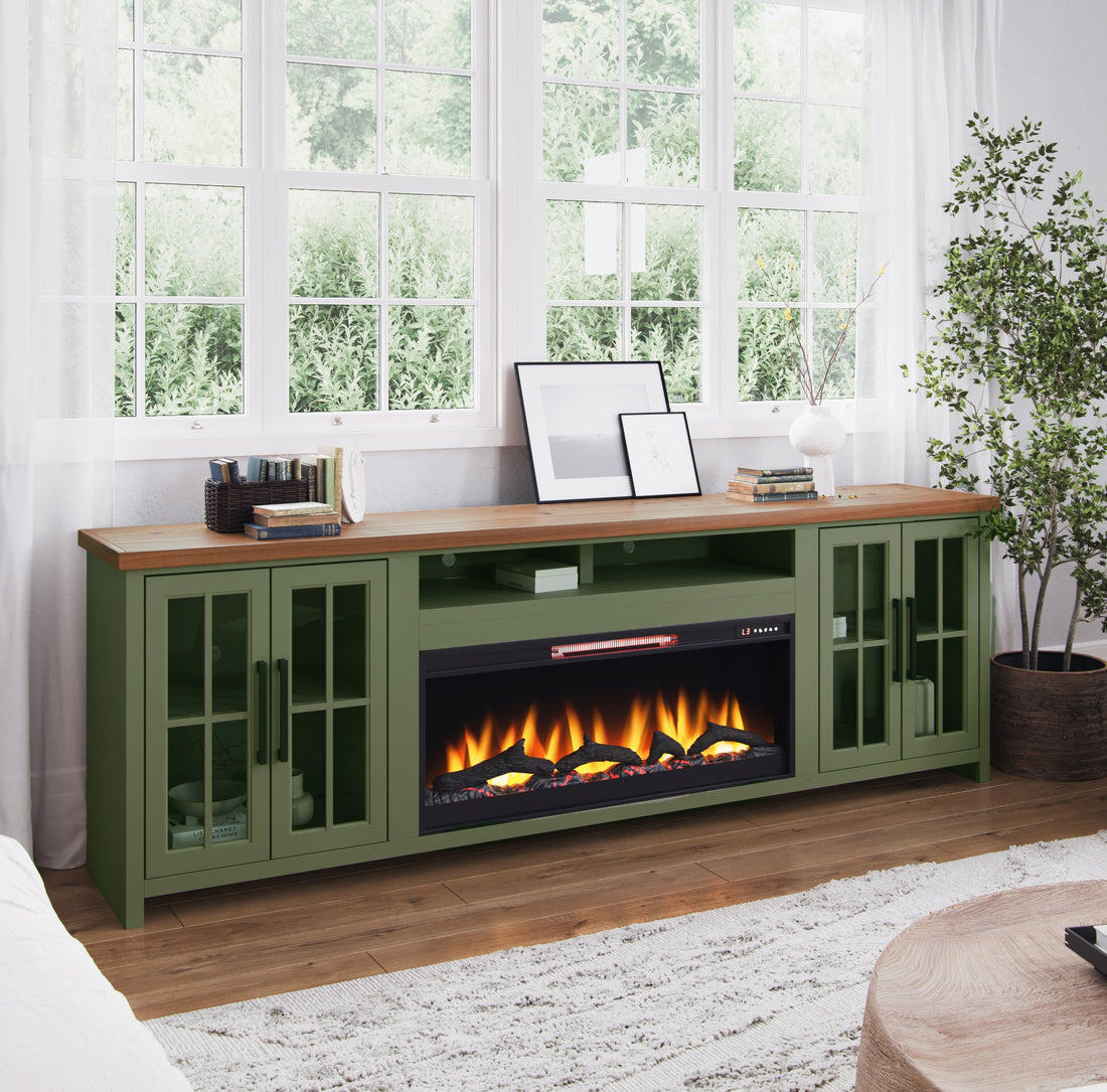 Vineyard 97 Inch Fireplace Tv Stand Console For Tvs Up To 100 Inches, Minimal Assembly, Sage Green And Fruitwood Finish 41 50 Electric No Green 400 Vent Free Primary Living Space Coastal,Farmhouse Poplar Yes Insert Wood Electric