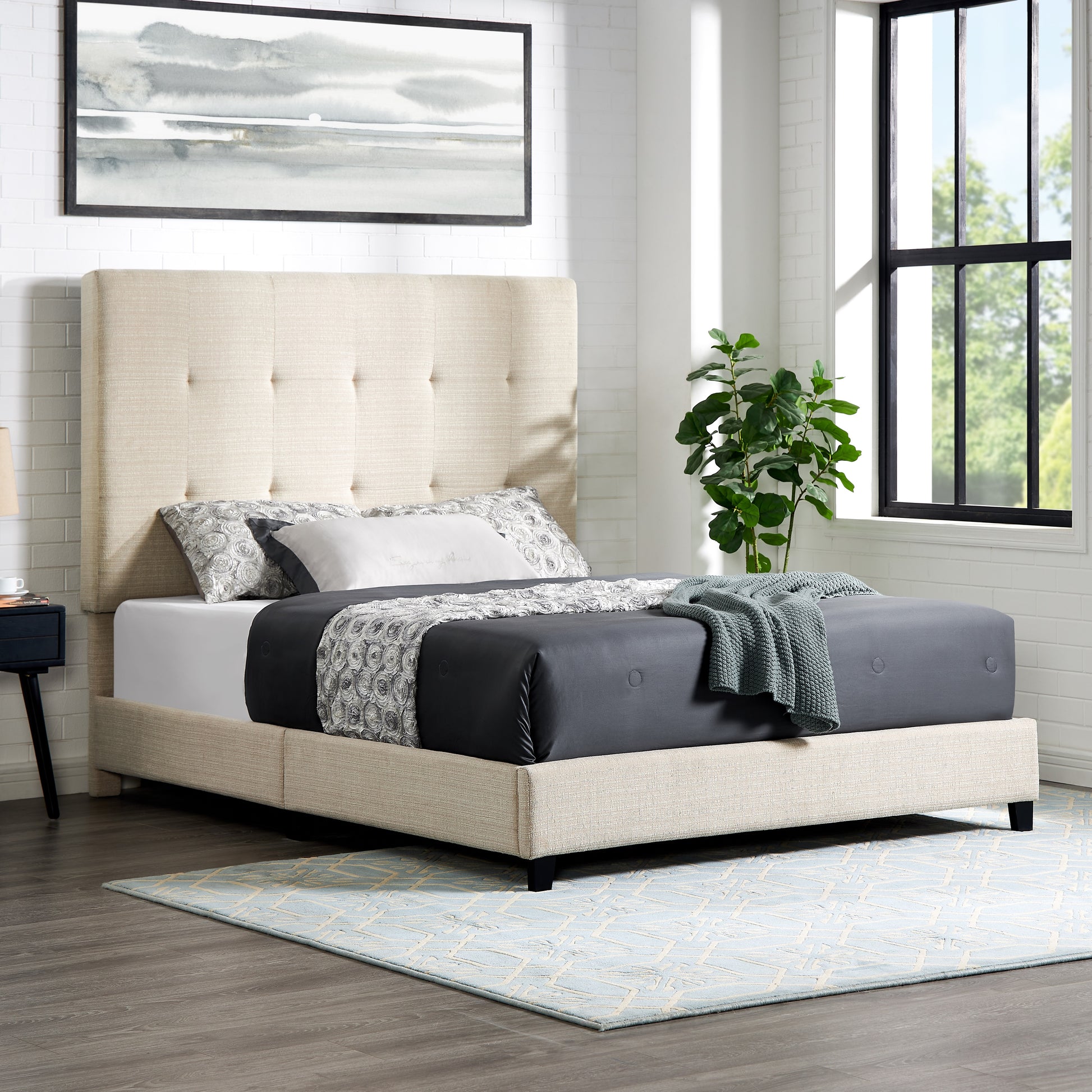 Queen Size Beige Tufted Upholstered Platform Bed Box Spring Required Queen Beige Wood Bedroom Contemporary,Modern,Transitional Bed Frame Foam Polyester Polyester