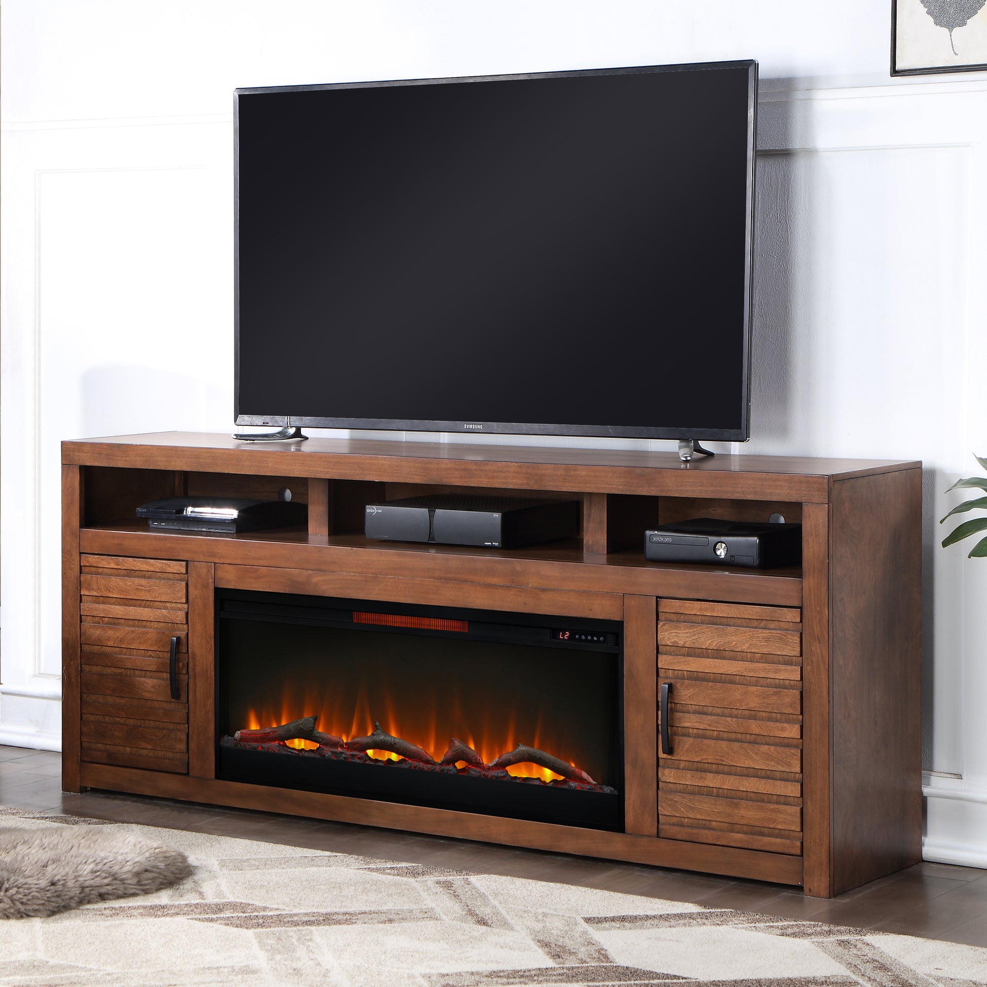 Sausalito 78 Inch Electric Fireplace Tv Stand Console For Tvs Up To 95 Inches, Minimal Assembly, Whiskey Finish Electric Brown Primary Living Space Alder Yes Insert Electric 41 50 No Brown 400 Vent Free Lodge,Modern,Rustic,Transitional Wood