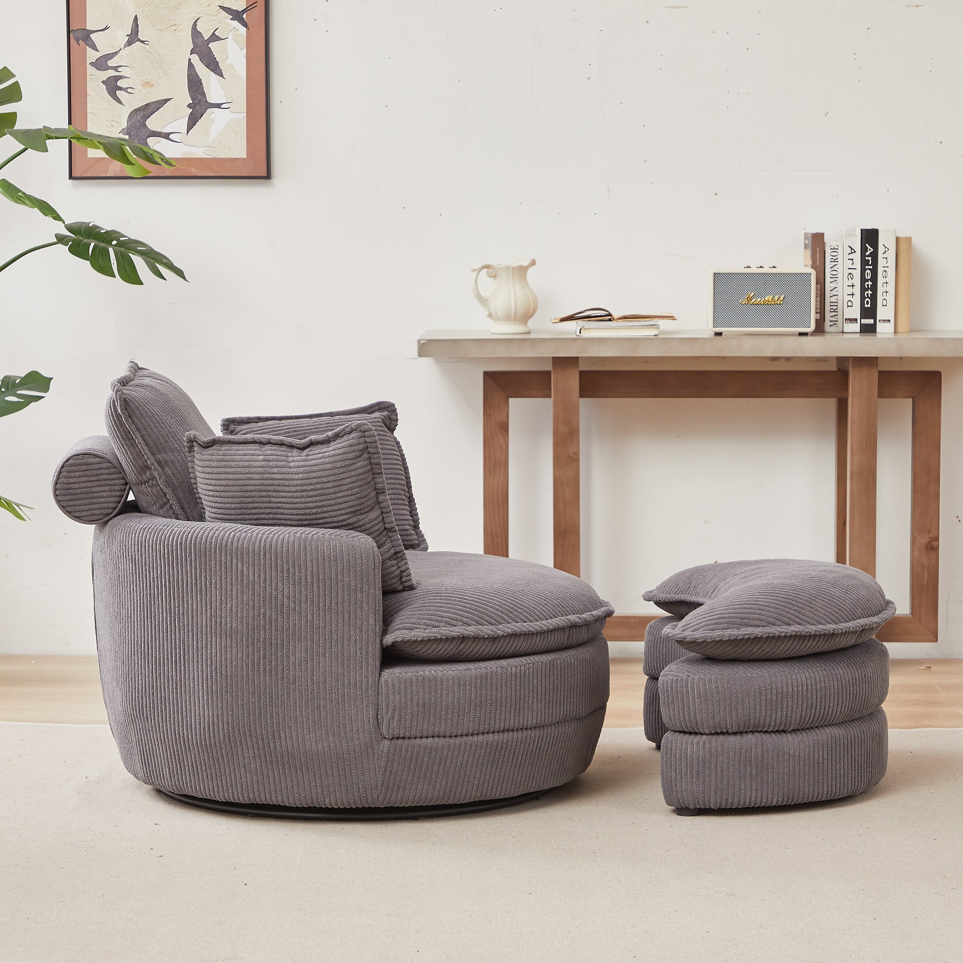 38"W Oversized Swivel Chair With Moon Storage Ottoman For Living Room, Modern Accent Round Loveseat Circle Swivel Barrel Chairs For Bedroom Cuddle Sofa Chair Lounger Armchair, 4 Pillows,Corduroy Grey Foam Corduroy
