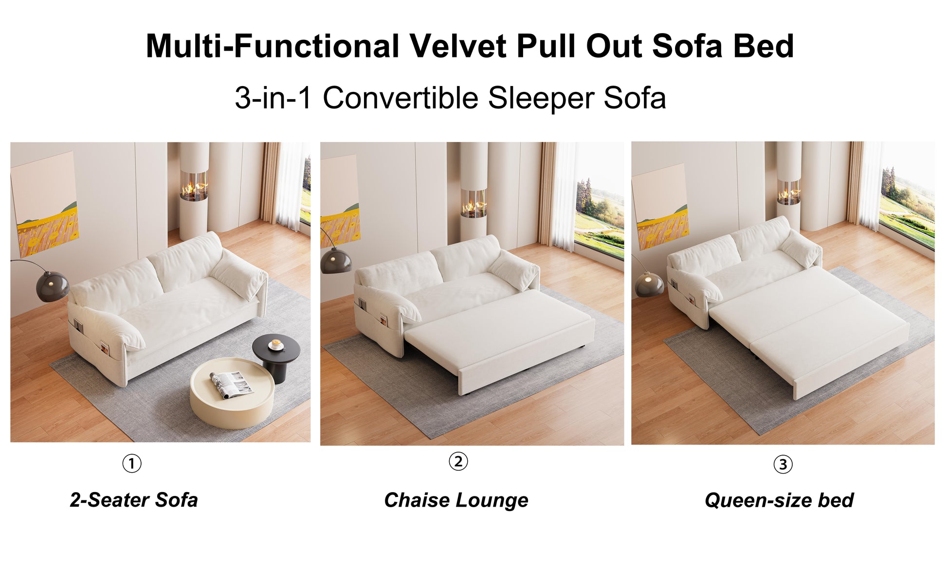 63.8" Queen Pull Out Sofa Bed, 3 In 1 Convertible Sleeper Sofa With Side Storage,Multi Functional Velvet Loveseat Bed For Living Room,Bedroom,Apartment,Office,Beige Old Sku:W1885122051 Beige Velvet Velvet 2 Seat