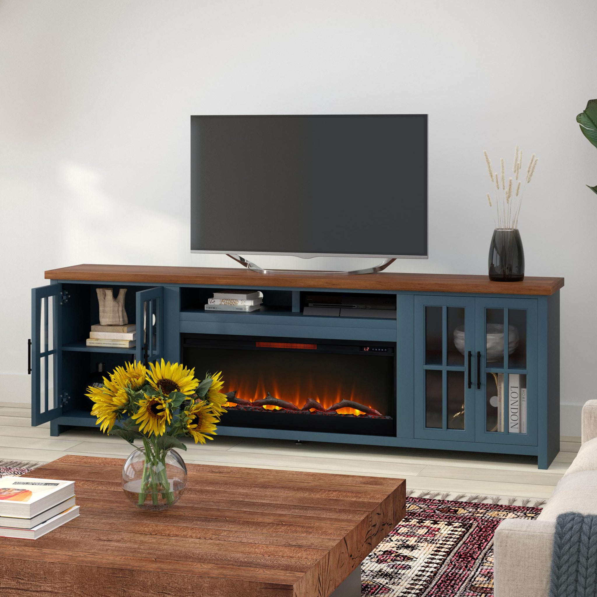 Nantucket 97 Inch Fireplace Tv Stand Console For Tvs Up To 100 Inches, Minimal Assembly, Blue Denim And Whiskey Finish 41 50 Electric No Blue 400 Vent Free Primary Living Space Coastal,Farmhouse Poplar Yes Insert Wood Electric