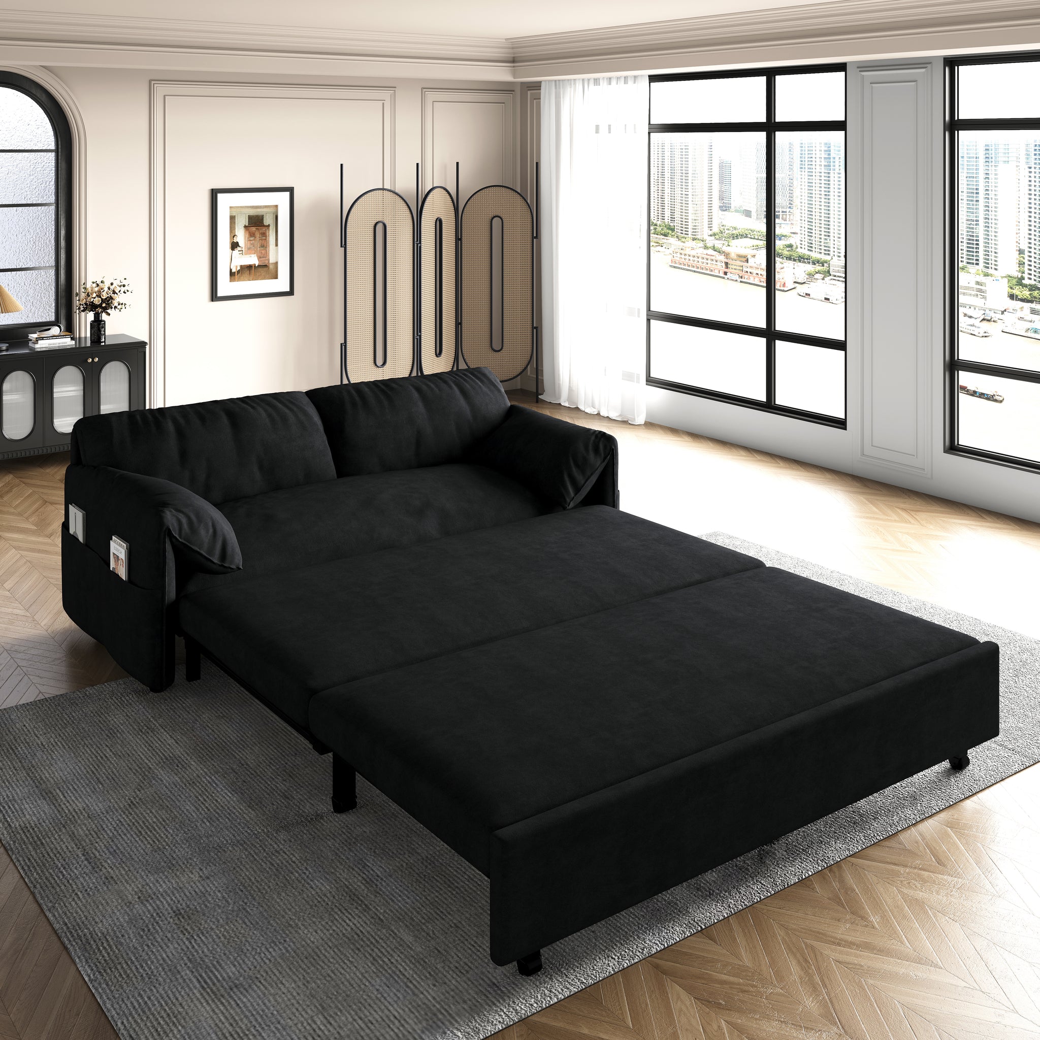 63.8" Queen Pull Out Sofa Bed, 3 In 1 Convertible Sleeper Sofa With Side Storage,Multi Functional Velvet Loveseat Bed For Living Room,Bedroom,Apartment,Office,Black Old Sku:W1885P151441 Black Velvet Velvet 2 Seat
