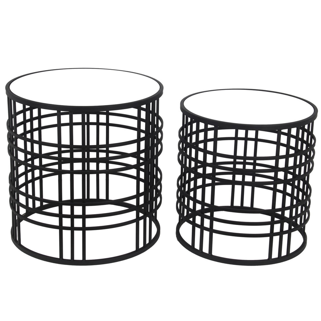 Mirrored Top Round Accent Table With Open Base, Set Of 2, Black Black Glass Metal