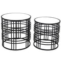 Mirrored Top Round Accent Table With Open Base, Set Of 2, Black Black Glass Metal