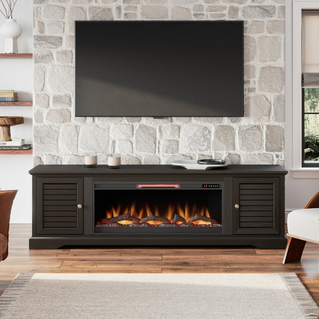 Topanga 83 Inch Electric Fireplace Tv Console For Tvs Up To 95 Inches, Minimal Assembly, C Finish 41 50 Electric No Black 400 Vent Free Primary Living Space Coastal,Rustic,Transitional Oak Yes Insert Wood Electric