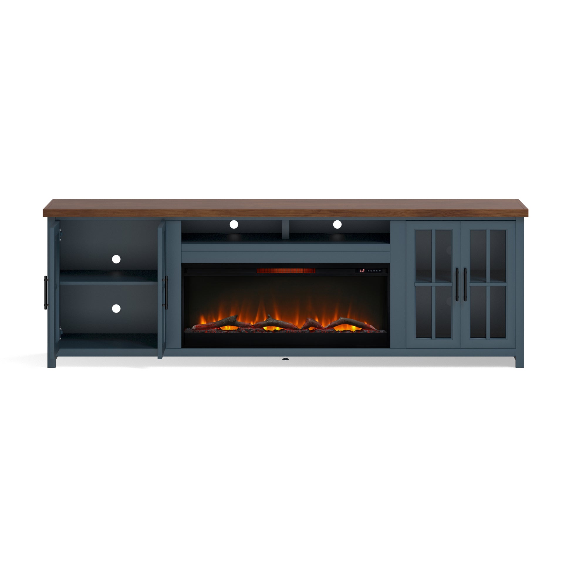 Nantucket 97 Inch Fireplace Tv Stand Console For Tvs Up To 100 Inches, Minimal Assembly, Blue Denim And Whiskey Finish 41 50 Electric No Blue 400 Vent Free Primary Living Space Coastal,Farmhouse Poplar Yes Insert Wood Electric
