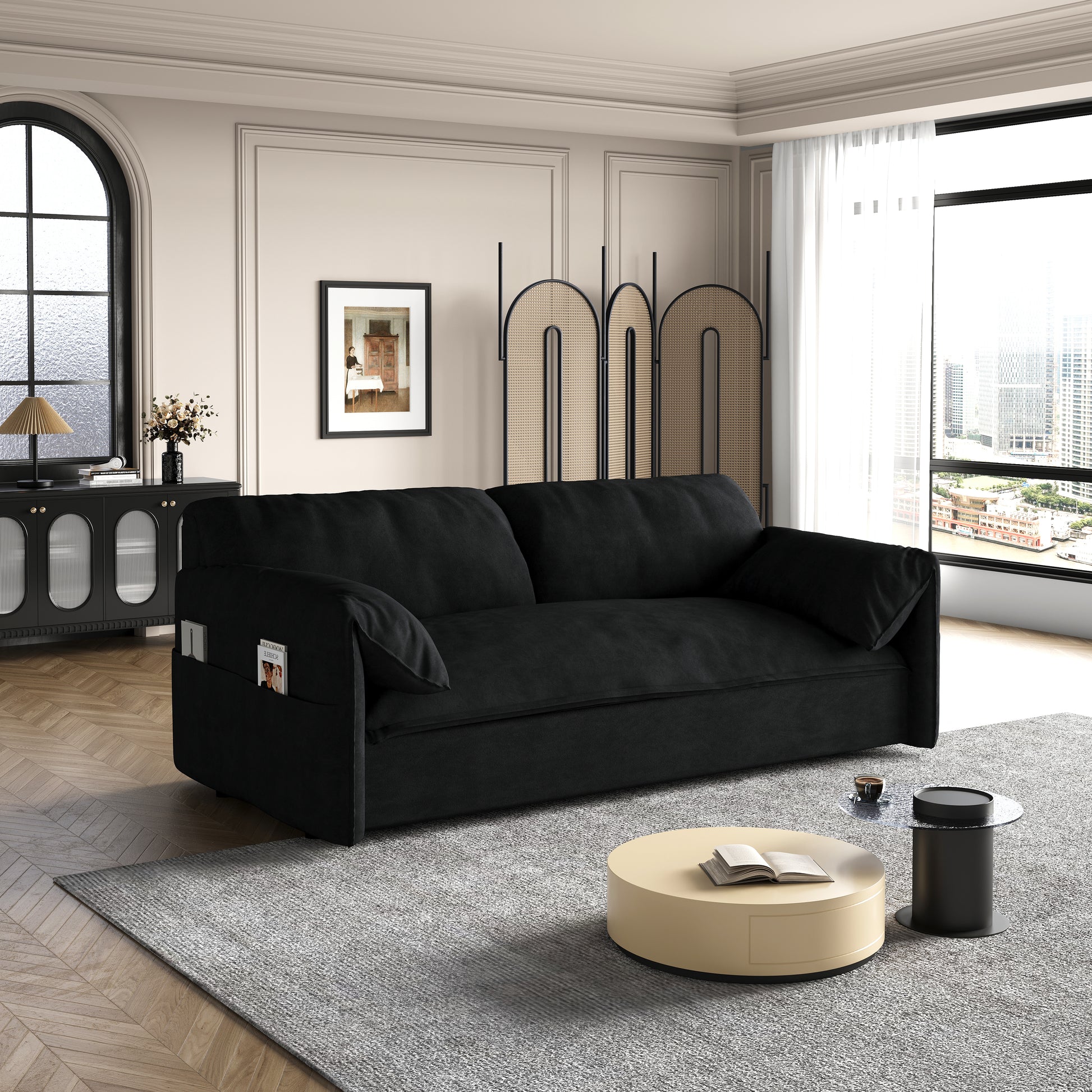 63.8" Queen Pull Out Sofa Bed, 3 In 1 Convertible Sleeper Sofa With Side Storage,Multi Functional Velvet Loveseat Bed For Living Room,Bedroom,Apartment,Office,Black Old Sku:W1885P151441 Black Velvet Velvet 2 Seat