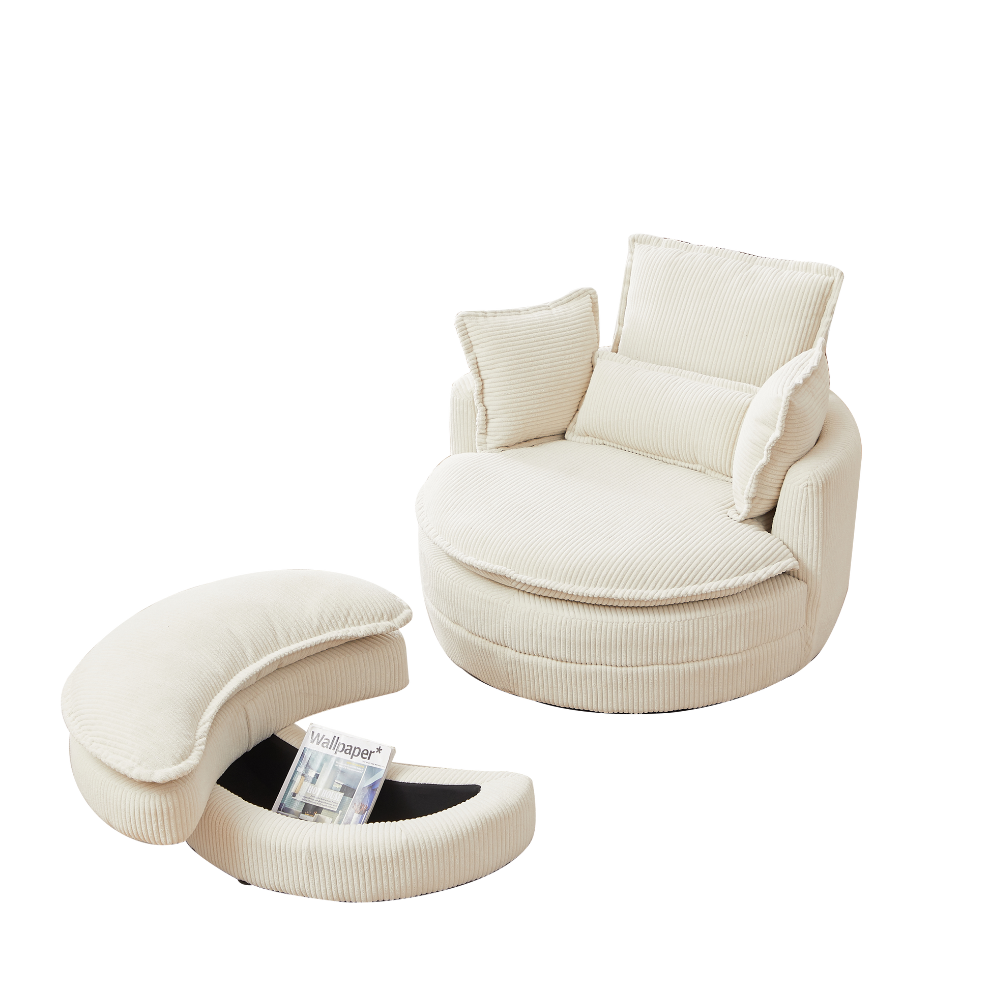 38"W Oversized Swivel Chair With Moon Storage Ottoman For Living Room, Modern Accent Round Loveseat Circle Swivel Barrel Chairs For Bedroom Cuddle Sofa Chair Lounger Armchair, 4 Pillows,Corduroy Beige Foam Corduroy