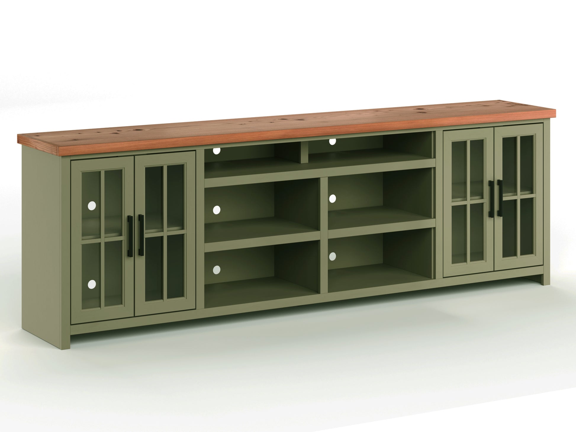 Vineyard 96 Inch Tv Stand Console For Tvs Up To 100 Inches, No Assembly Requried, Sage Green And Fruitwood Finish Green Primary Living Space 90 Inches Or Larger 90 Inches Or Larger Coastal,Farmhouse Poplar 85 Inches Wood