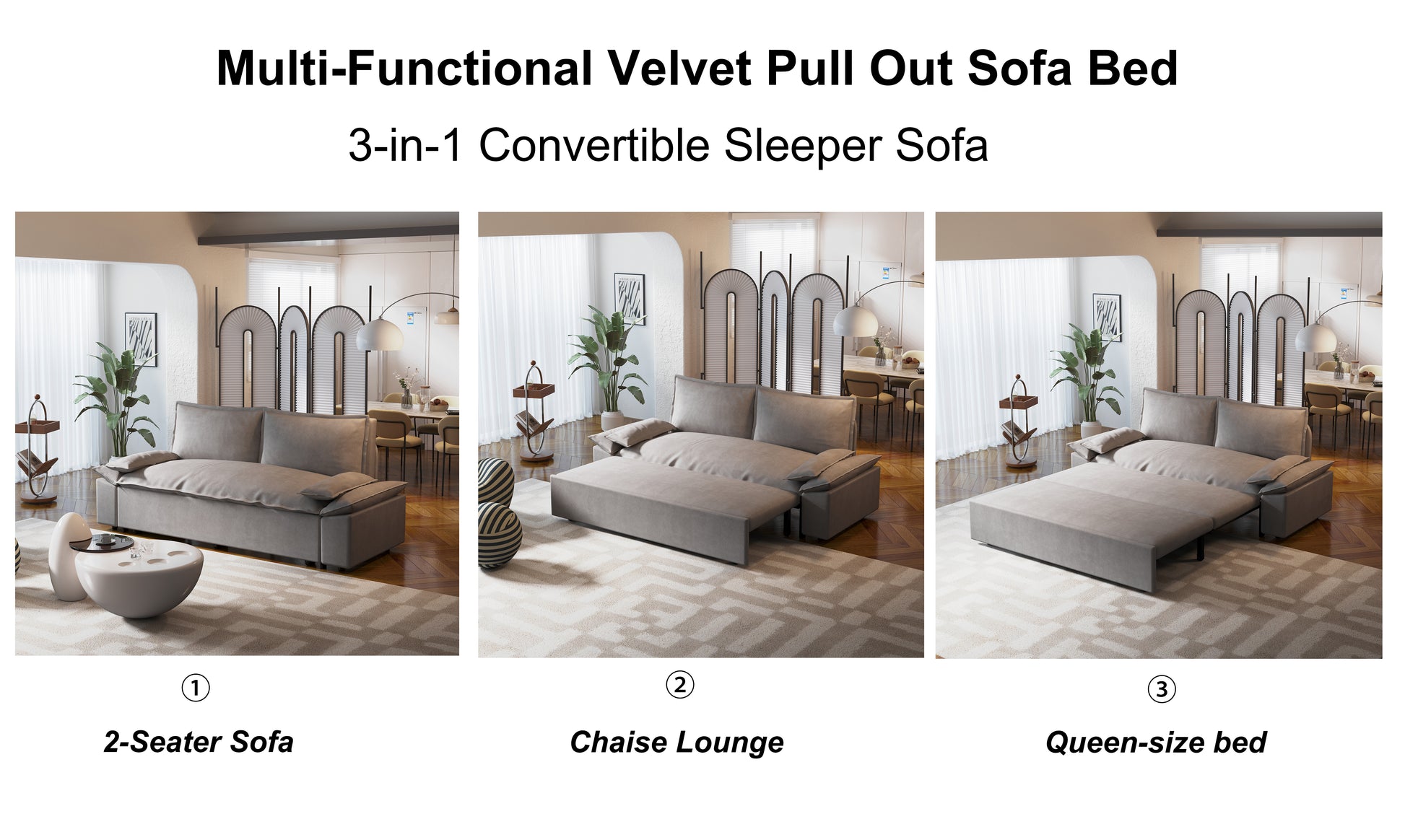 70.1" Queen Pull Out Sofa Bed, 3 In 1 Convertible Sleeper Sofa With 2 Soft Pillows,Multi Functional Velvet Loveseat Bed,Grey Old Sku:W1885P143788 Grey Velvet 2 Seat