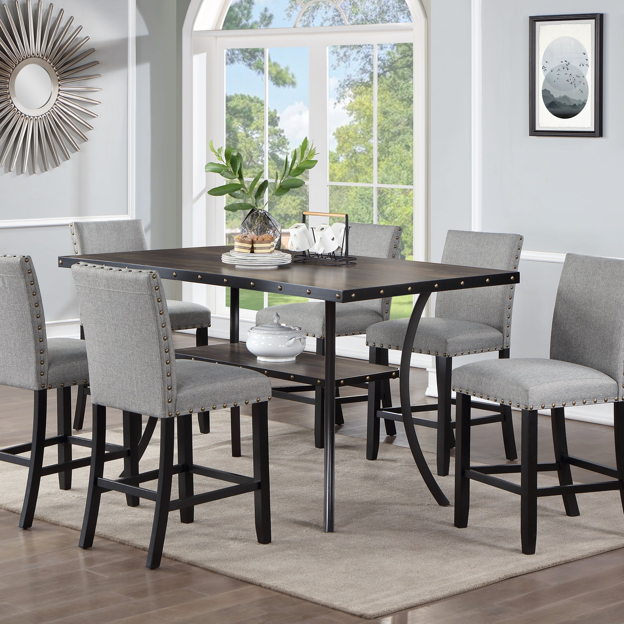 Modern Classic Dining Room Furniture Natural Wooden Dining Table 6X High Chairs Gray Fabric Nail Heads Trim Storage Shelve 7Pc Counter Height Dining Set Wood Dining Room Rubberwood Rectangular Dining Table With Chair Upholstered Chair Wood Gray Solid