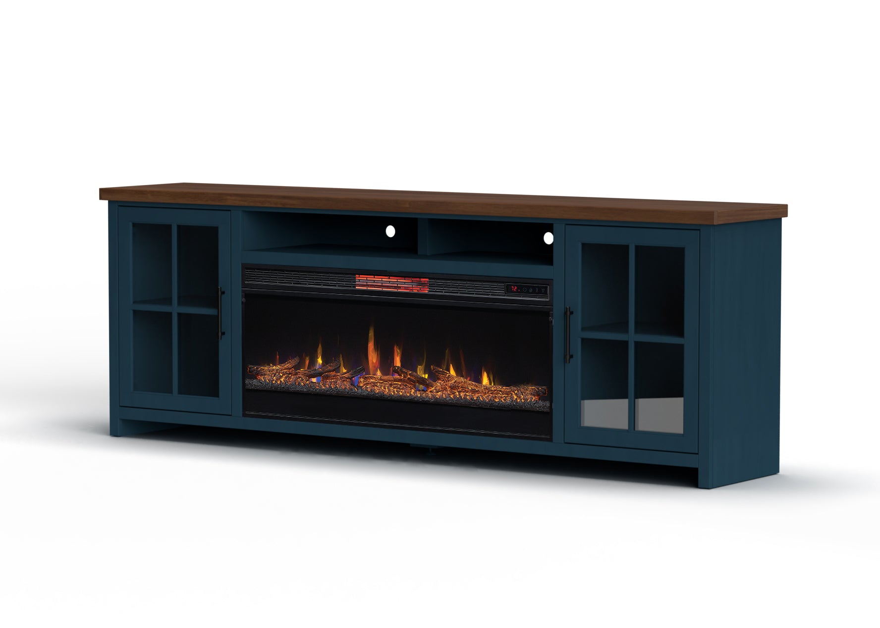 Nantucket 97 Inch Fireplace Tv Stand Console For Tvs Up To 100 Inches, Minimal Assembly, Blue Denim And Whiskey Finish 41 50 Electric No Blue 400 Vent Free Primary Living Space Coastal,Farmhouse Poplar Yes Insert Wood Electric