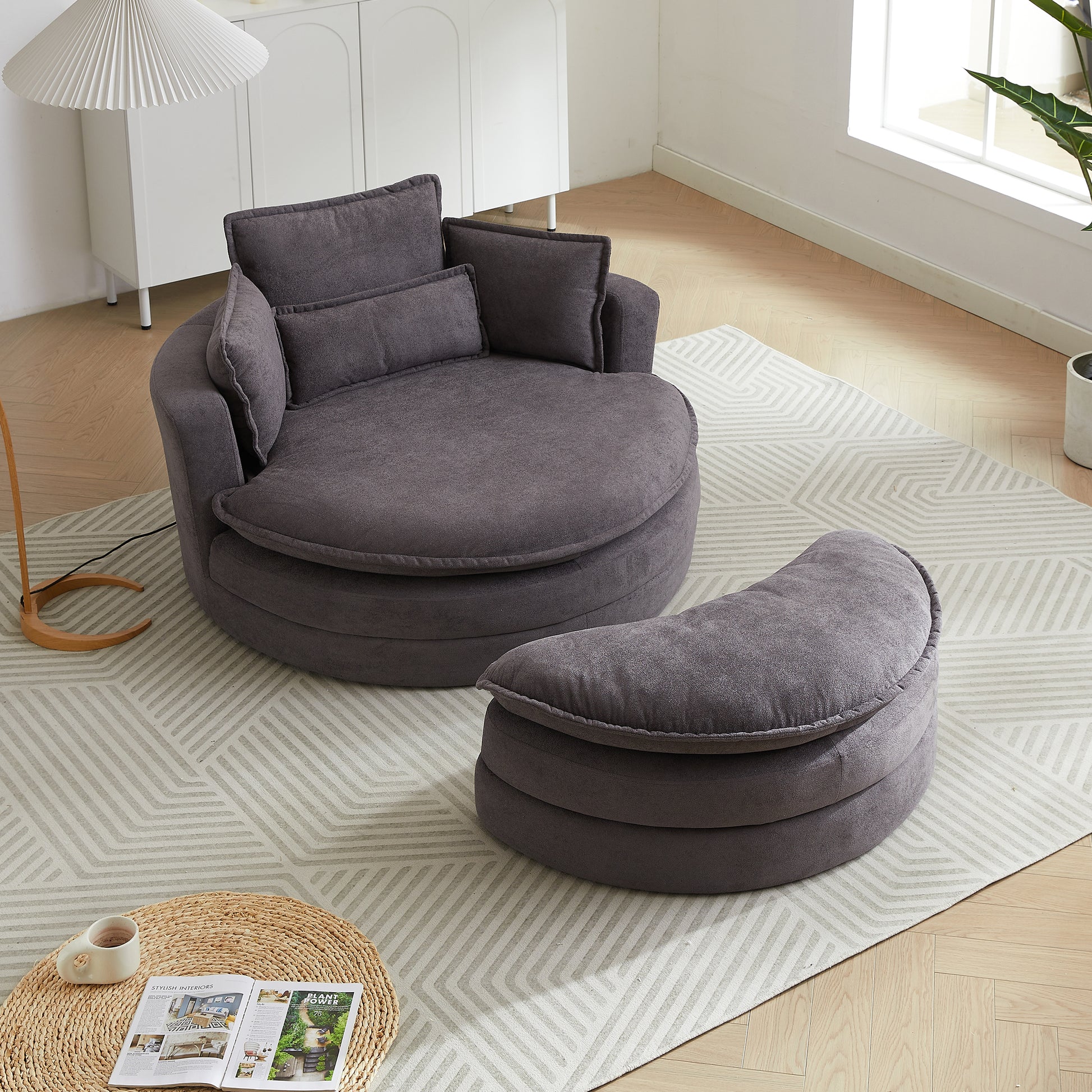 52' Swivel Accent Barrel Modern Grey Sofa Lounge Club Big Round Chair With Storage Ottoman Chenille Fabric For Living Room Hotel With 4 Pillows Grey Foam Chenille
