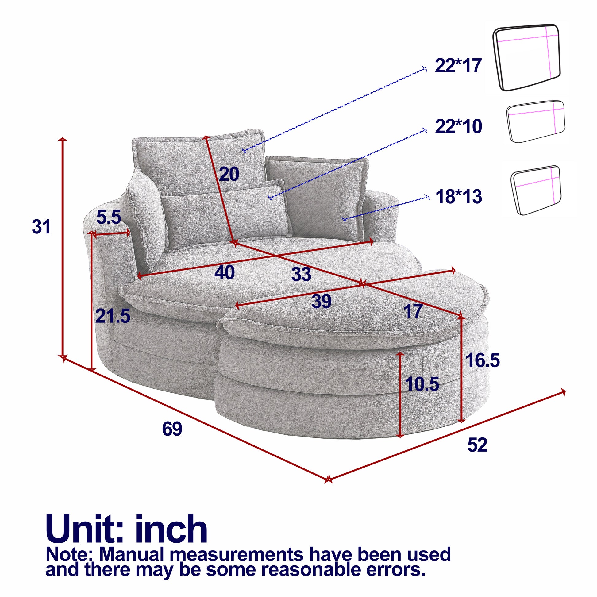52' Swivel Accent Barrel Modern Grey Sofa Lounge Club Big Round Chair With Storage Ottoman Chenille Fabric For Living Room Hotel With 4 Pillows Grey Foam Chenille