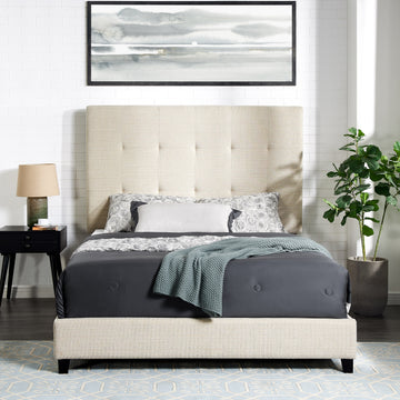 Queen Size Beige Tufted Upholstered Platform Bed Box Spring Required Queen Beige Wood Bedroom Contemporary,Modern,Transitional Bed Frame Foam Polyester Polyester