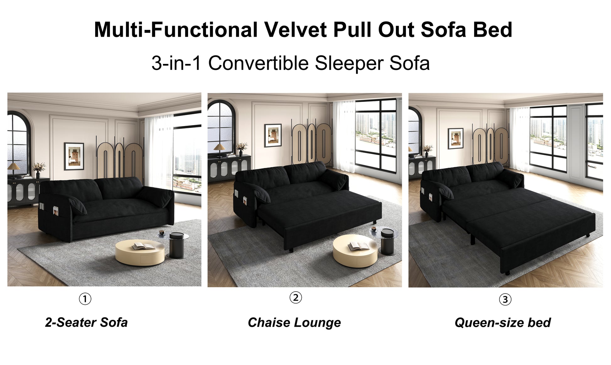 63.8" Queen Pull Out Sofa Bed, 3 In 1 Convertible Sleeper Sofa With Side Storage,Multi Functional Velvet Loveseat Bed For Living Room,Bedroom,Apartment,Office,Black Old Sku:W1885P151441 Black Velvet Velvet 2 Seat