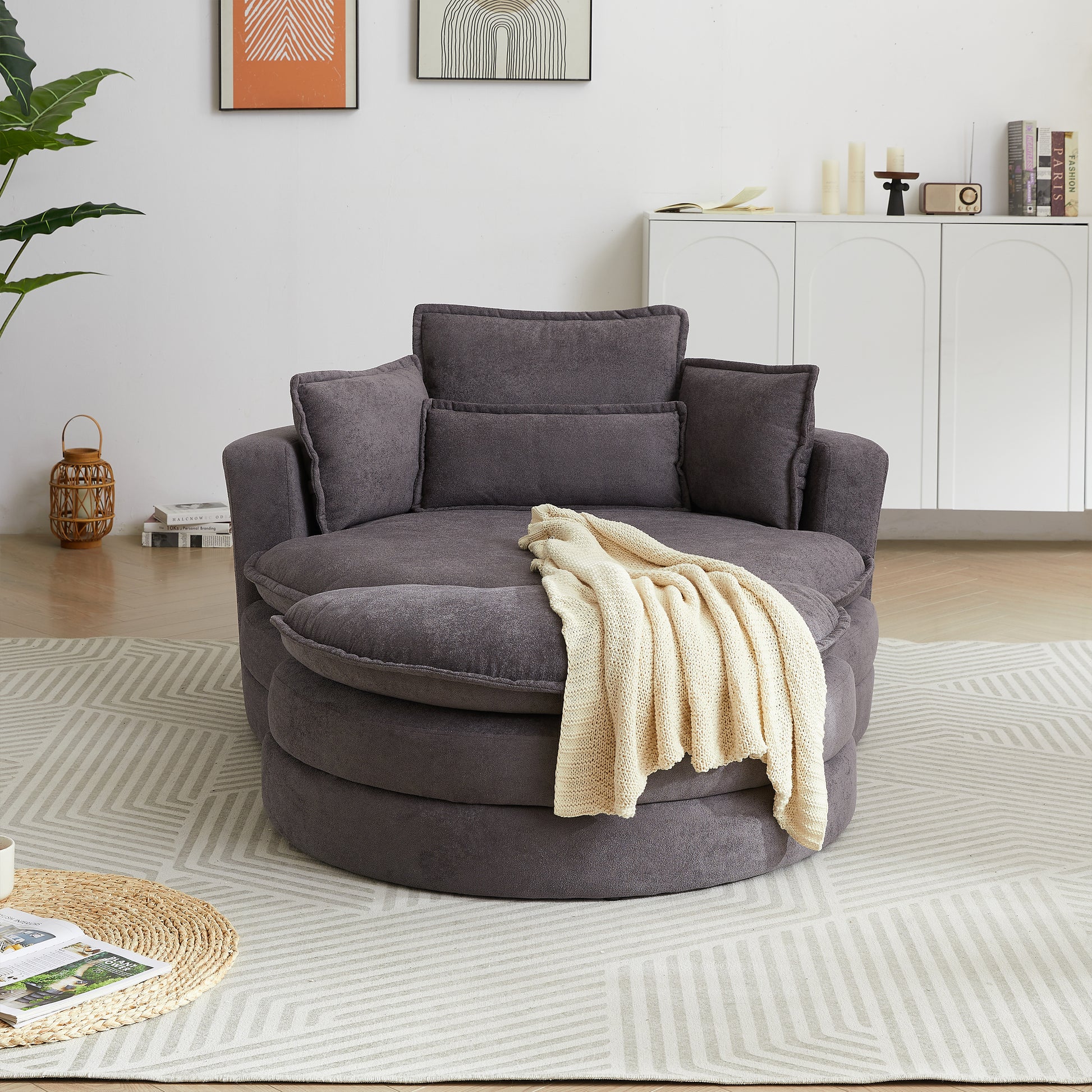 52' Swivel Accent Barrel Modern Grey Sofa Lounge Club Big Round Chair With Storage Ottoman Chenille Fabric For Living Room Hotel With 4 Pillows Grey Foam Chenille