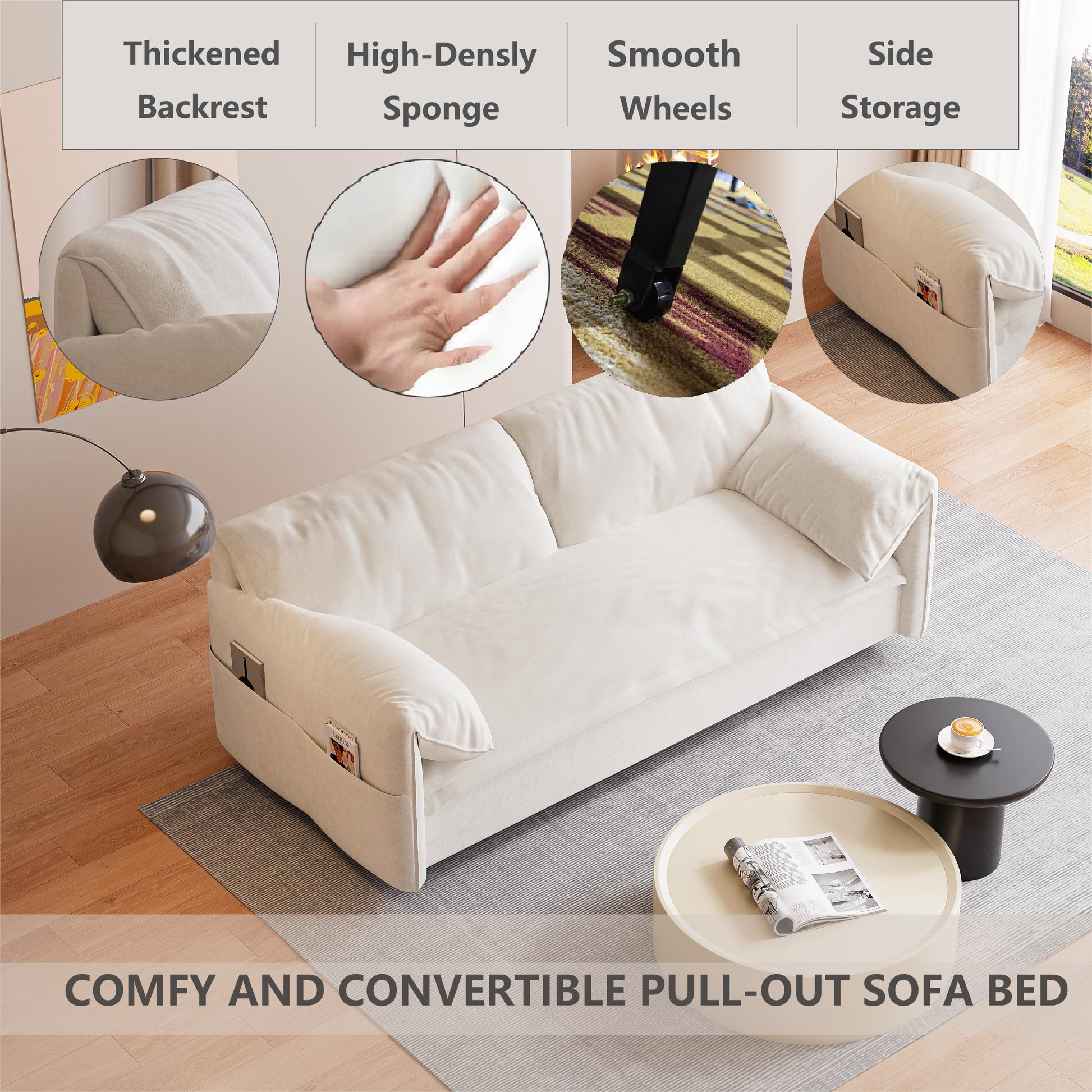 63.8" Queen Pull Out Sofa Bed, 3 In 1 Convertible Sleeper Sofa With Side Storage,Multi Functional Velvet Loveseat Bed For Living Room,Bedroom,Apartment,Office,Beige Old Sku:W1885122051 Beige Velvet Velvet 2 Seat