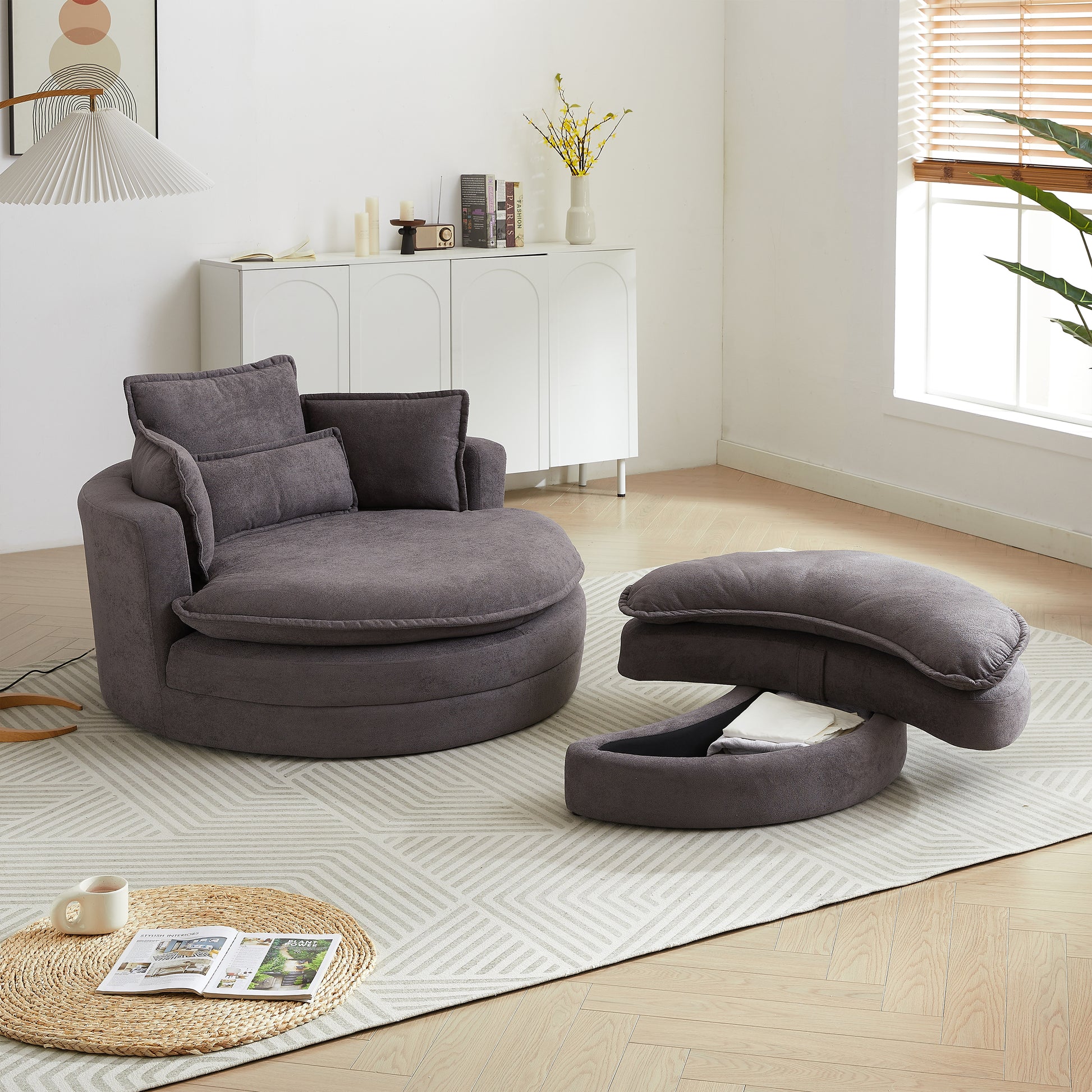 52' Swivel Accent Barrel Modern Grey Sofa Lounge Club Big Round Chair With Storage Ottoman Chenille Fabric For Living Room Hotel With 4 Pillows Grey Foam Chenille