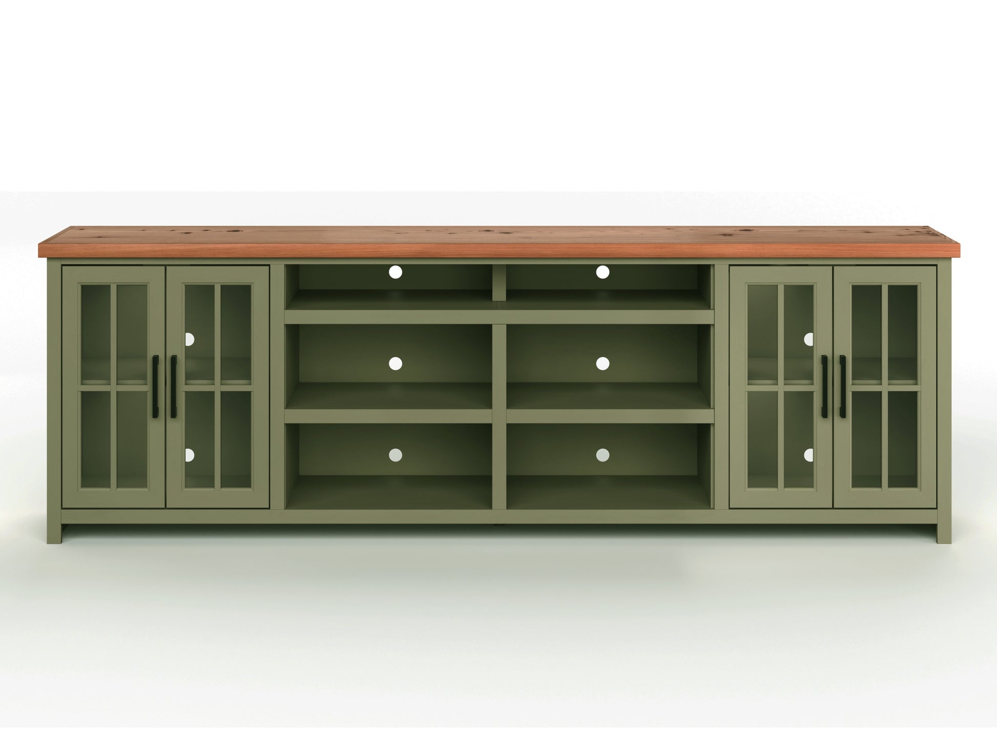 Vineyard 96 Inch Tv Stand Console For Tvs Up To 100 Inches, No Assembly Requried, Sage Green And Fruitwood Finish Green Primary Living Space 90 Inches Or Larger 90 Inches Or Larger Coastal,Farmhouse Poplar 85 Inches Wood