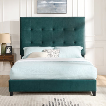 Queen Size Green Velvet Tufted Upholstered Platform Bed Box Spring Required Queen Green Wood Bedroom Contemporary,Modern,Transitional Bed Frame Foam Velvet Polyester