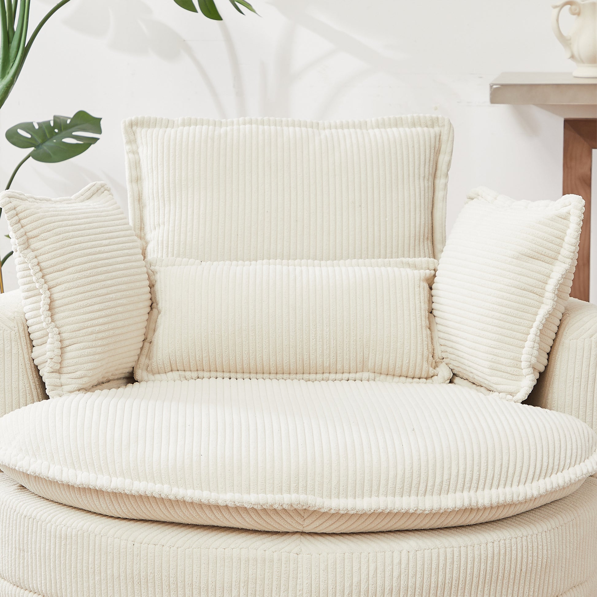 38"W Oversized Swivel Chair With Moon Storage Ottoman For Living Room, Modern Accent Round Loveseat Circle Swivel Barrel Chairs For Bedroom Cuddle Sofa Chair Lounger Armchair, 4 Pillows,Corduroy Beige Foam Corduroy