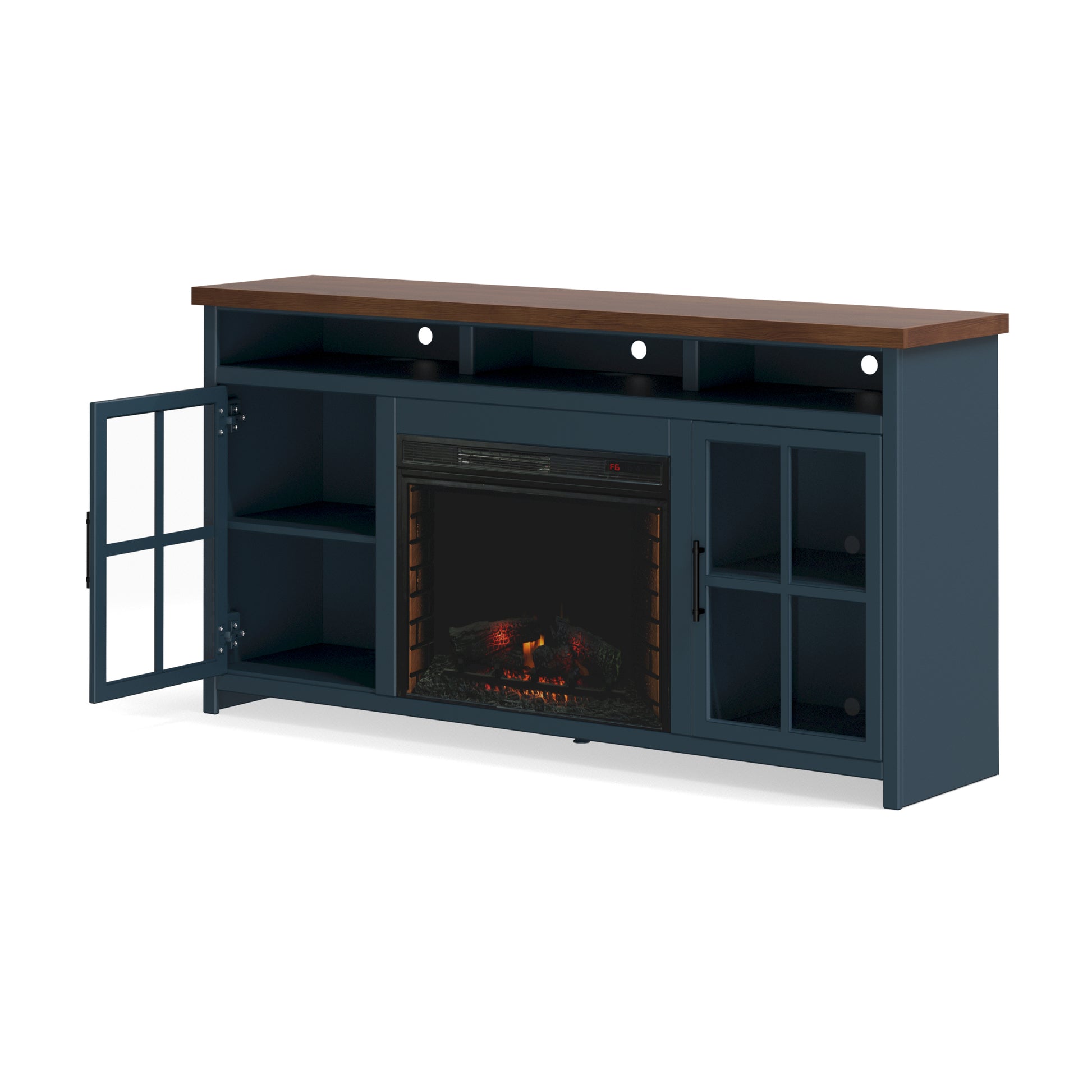 Nantucket 74 Inch Fireplace Tv Stand Console For Tvs Up To 85 Inches, Minimal Assembly, Blue Denim And Whiskey Finish Up To 40 Electric No Blue 400 Vent Free Primary Living Space Coastal,Farmhouse Poplar Yes Insert Wood Electric