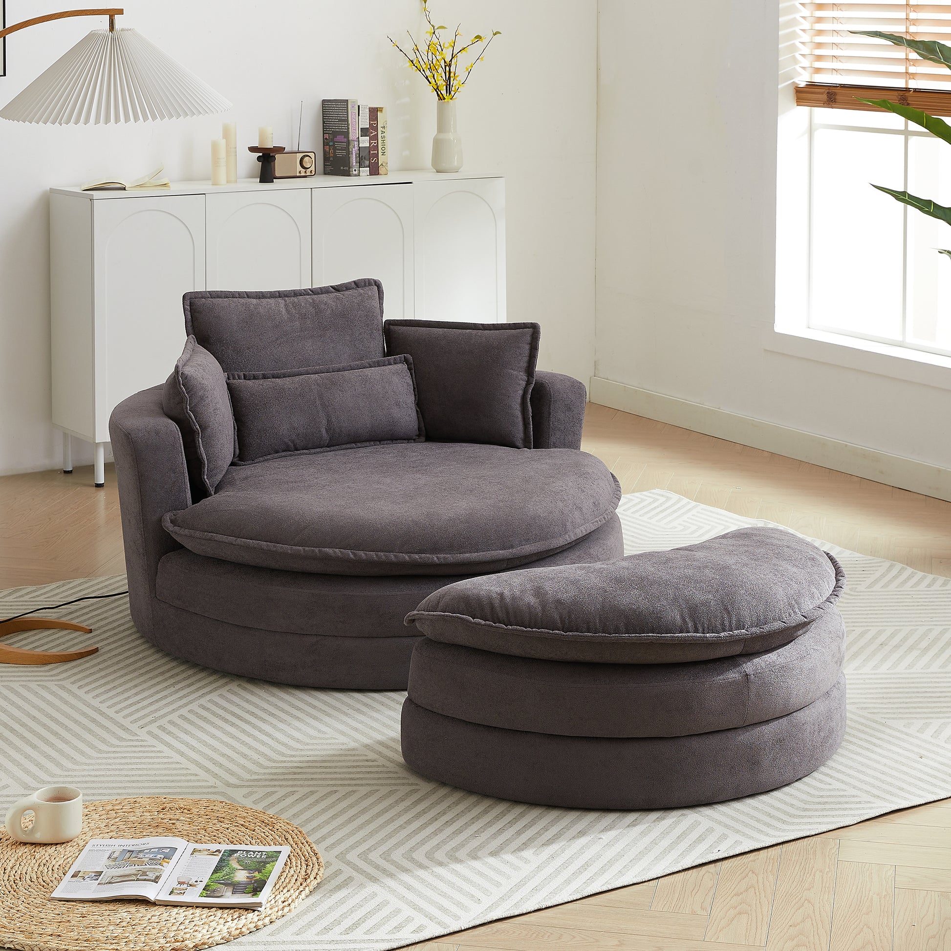 52' Swivel Accent Barrel Modern Grey Sofa Lounge Club Big Round Chair With Storage Ottoman Chenille Fabric For Living Room Hotel With 4 Pillows Grey Foam Chenille