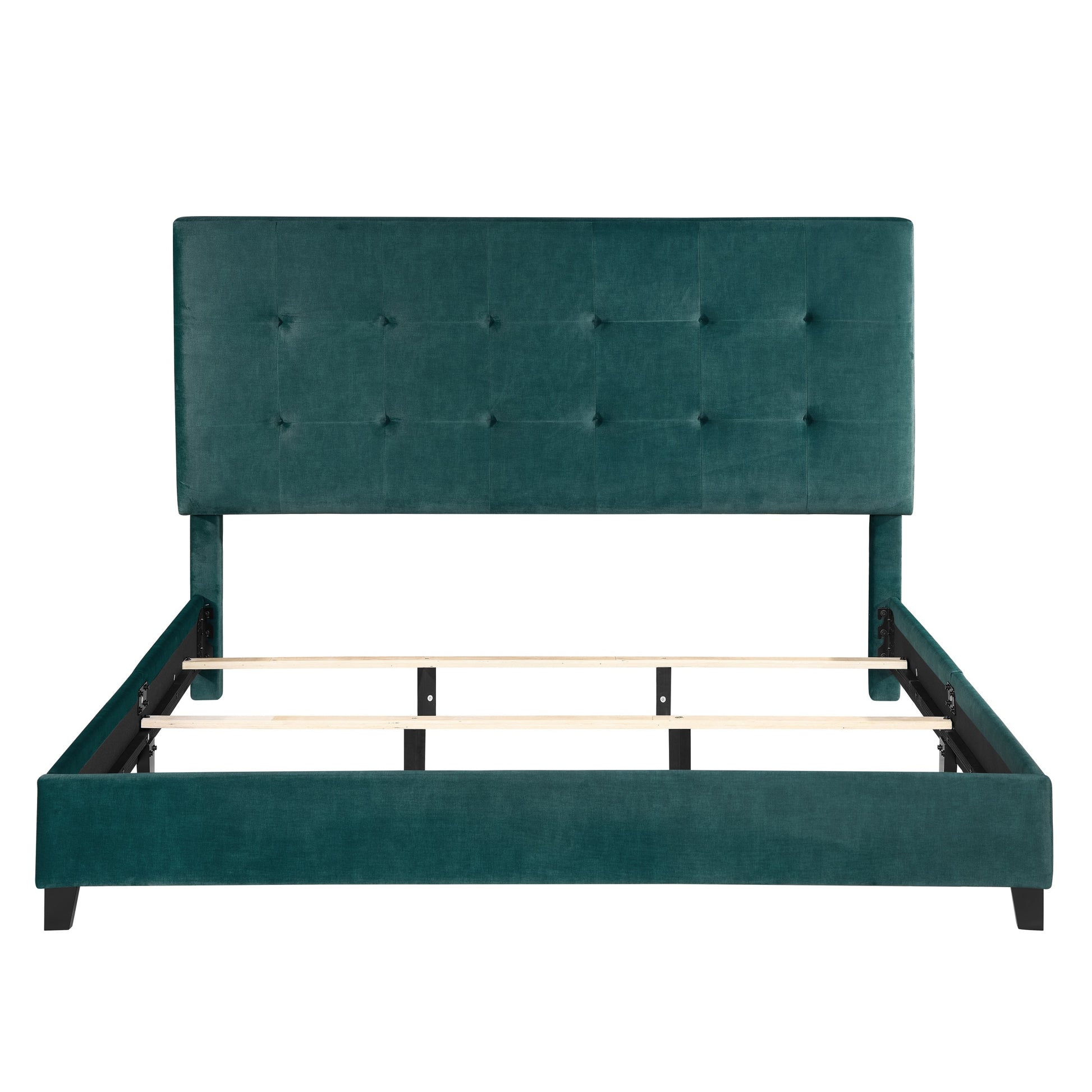 King Size Green Velvet Tufted Upholstered Platform Bed Box Spring Required King Green Wood Bedroom Contemporary,Modern,Transitional Bed Frame Foam Polyester