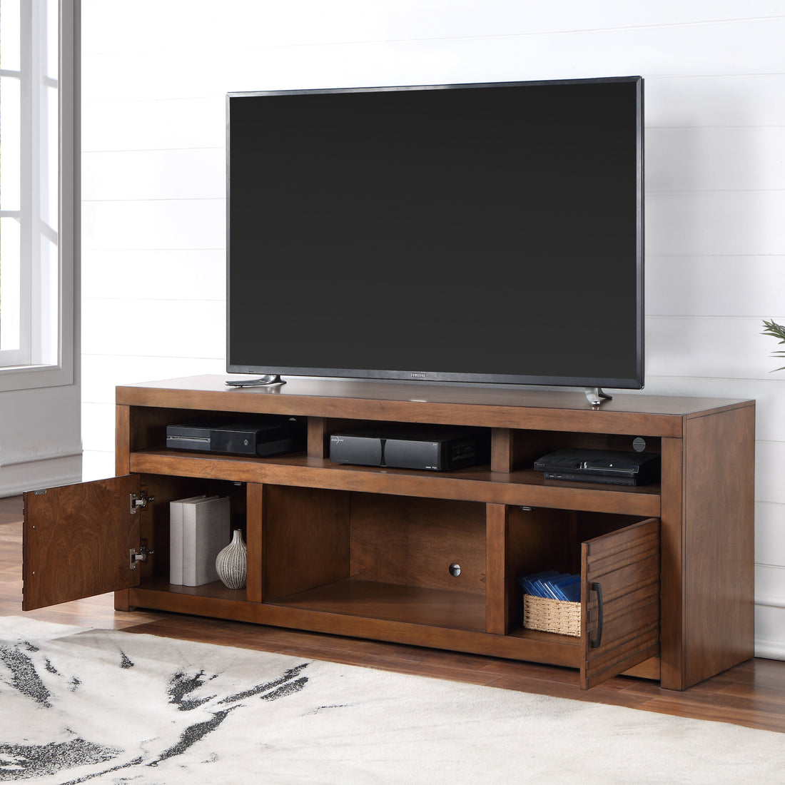 Sausalito 72 Inch Tv Stand Console For Tvs Up To 85 Inches, No Assembly Required, Whiskey Finish Brown Brown Primary Living Space 80 89 Inches 80 89 Inches Lodge,Rustic,Transitional Alder 85 Inches Wood