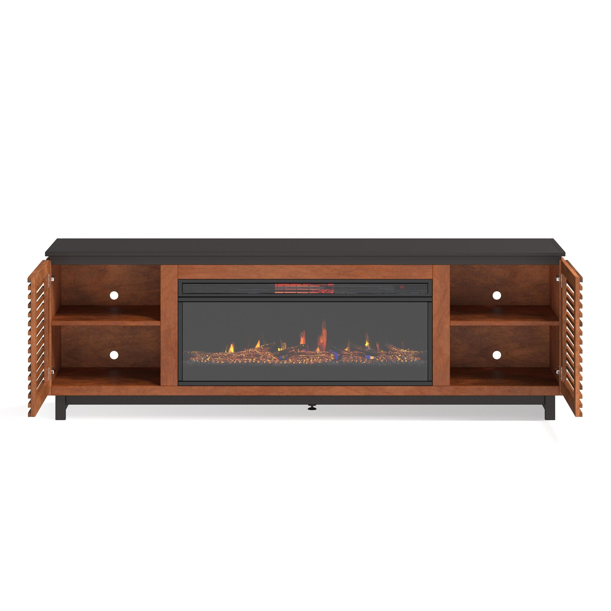Graceland 86 Inch Fireplace Tv Stand Console For Tvs Up To 100 Inches, Minimal Assembly, Black With Bourbon Finish Electric Brown Primary Living Space Poplar Yes Insert Electric 41 50 No Brown 400 Vent Free Contemporary,Modern,Scandinavian Wood