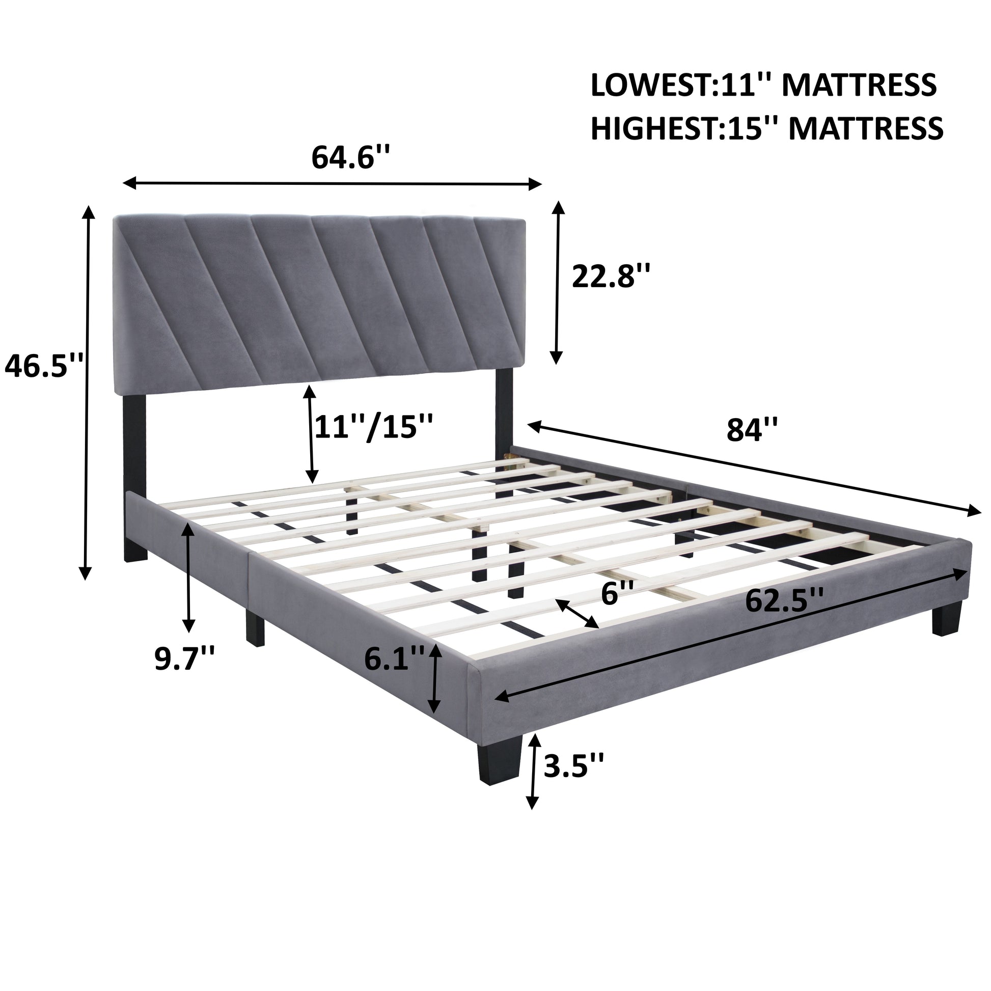 Gray Queen Size Adjustable Upholstered Bed Stain Resistant And Durable, Modern Style Box Spring Not Required Queen Gray Wood Espresso Bedroom Contemporary,Minimalist,Modern,Shabby Chic Rubberwood Adjustable Bedbase Fiber Foam And Polyester Fiber Pad