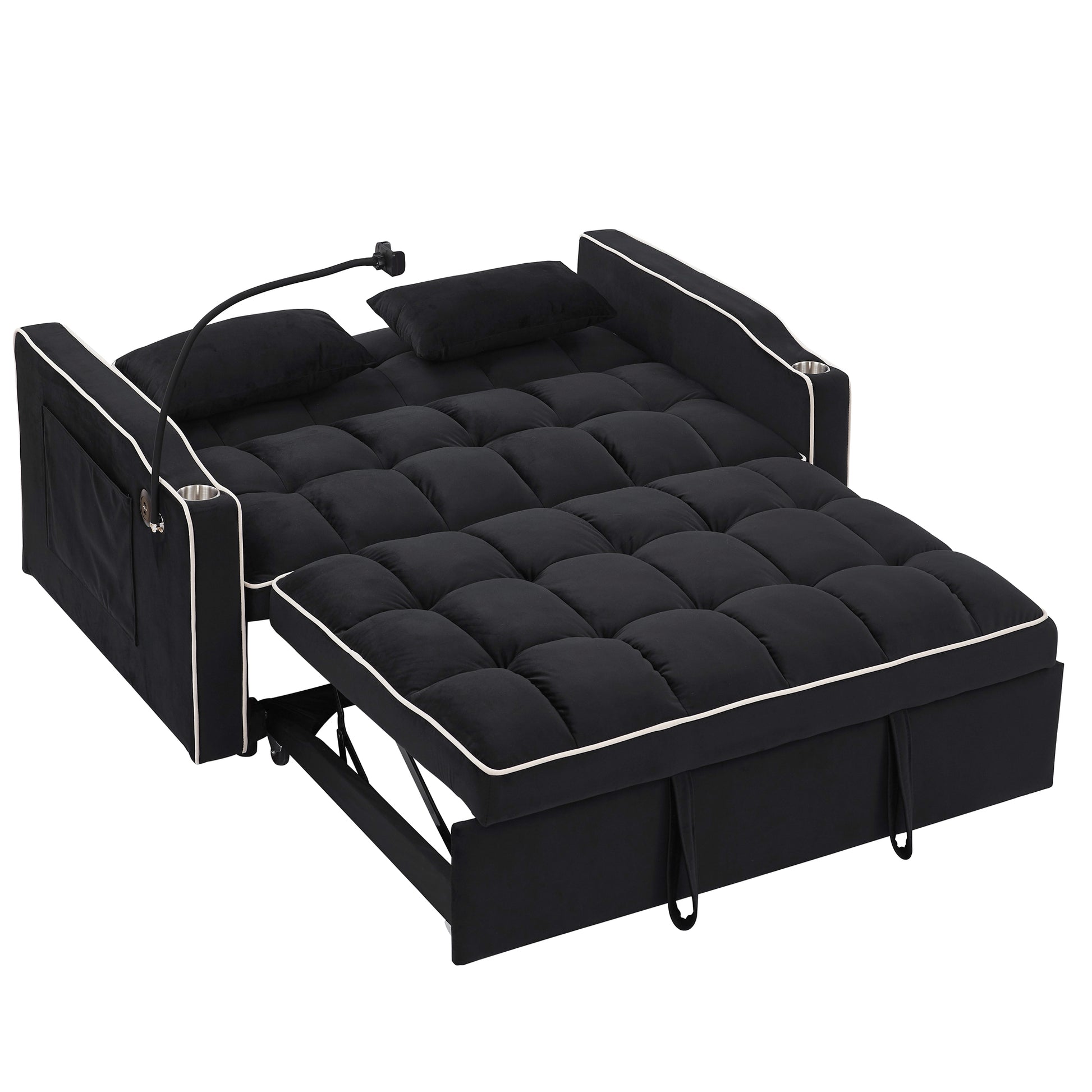 55.51 Inch Versatile Foldable Sofa Bed In 3 Lengths, Modern Sofa Sofa Sofa Velvet Pull Out Bed, Adjustable Back And With Usb Port And Ashtray And Swivel Phone Stand Black Black Velvet Wood Primary Living Space Medium Soft Cushion Back Delicate Duty